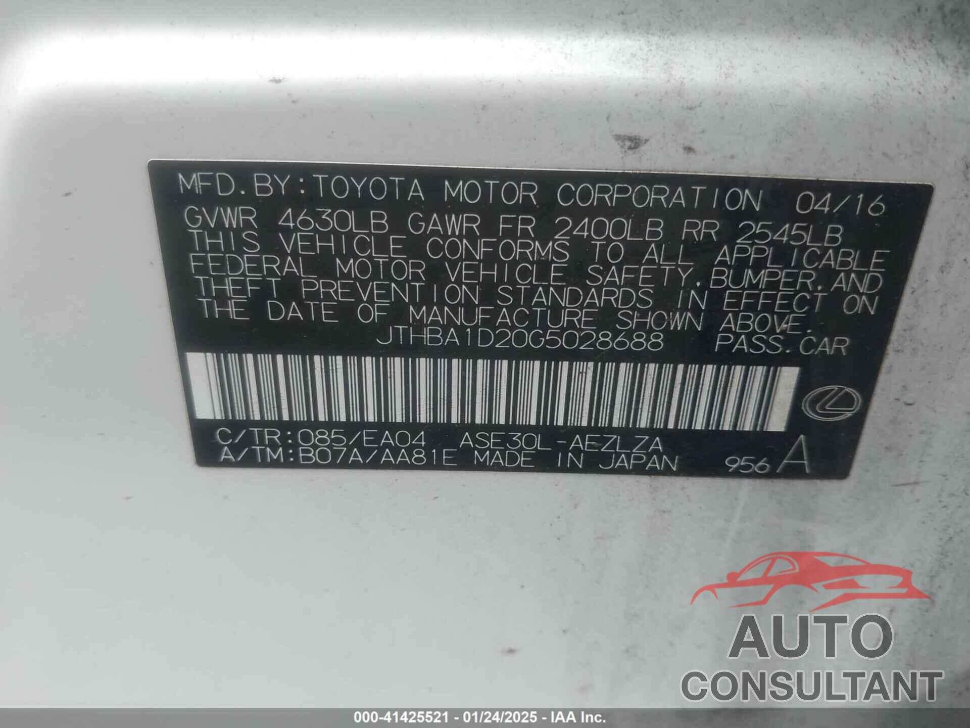 LEXUS IS 200T 2016 - JTHBA1D20G5028688
