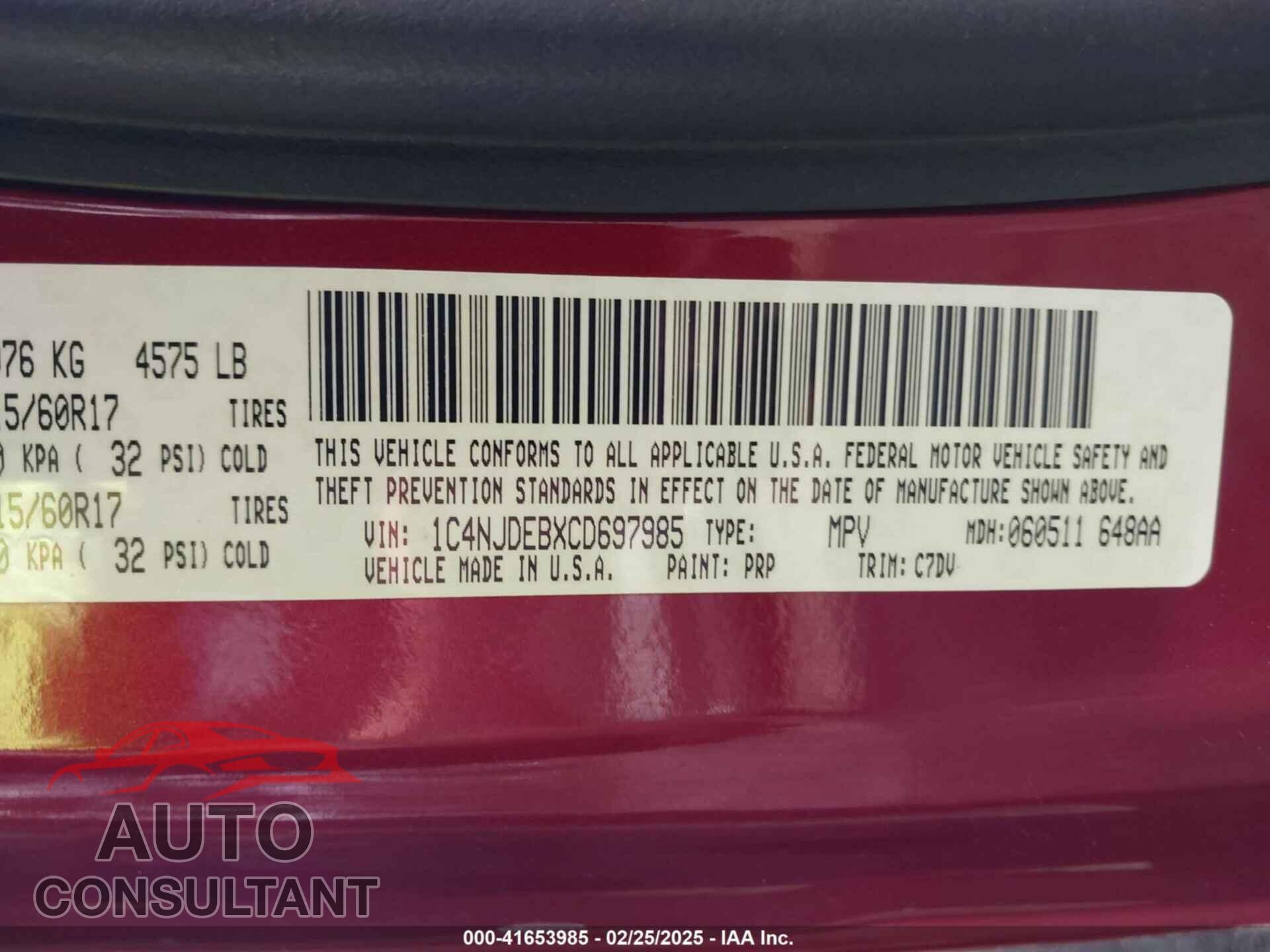 JEEP COMPASS 2012 - 1C4NJDEBXCD697985