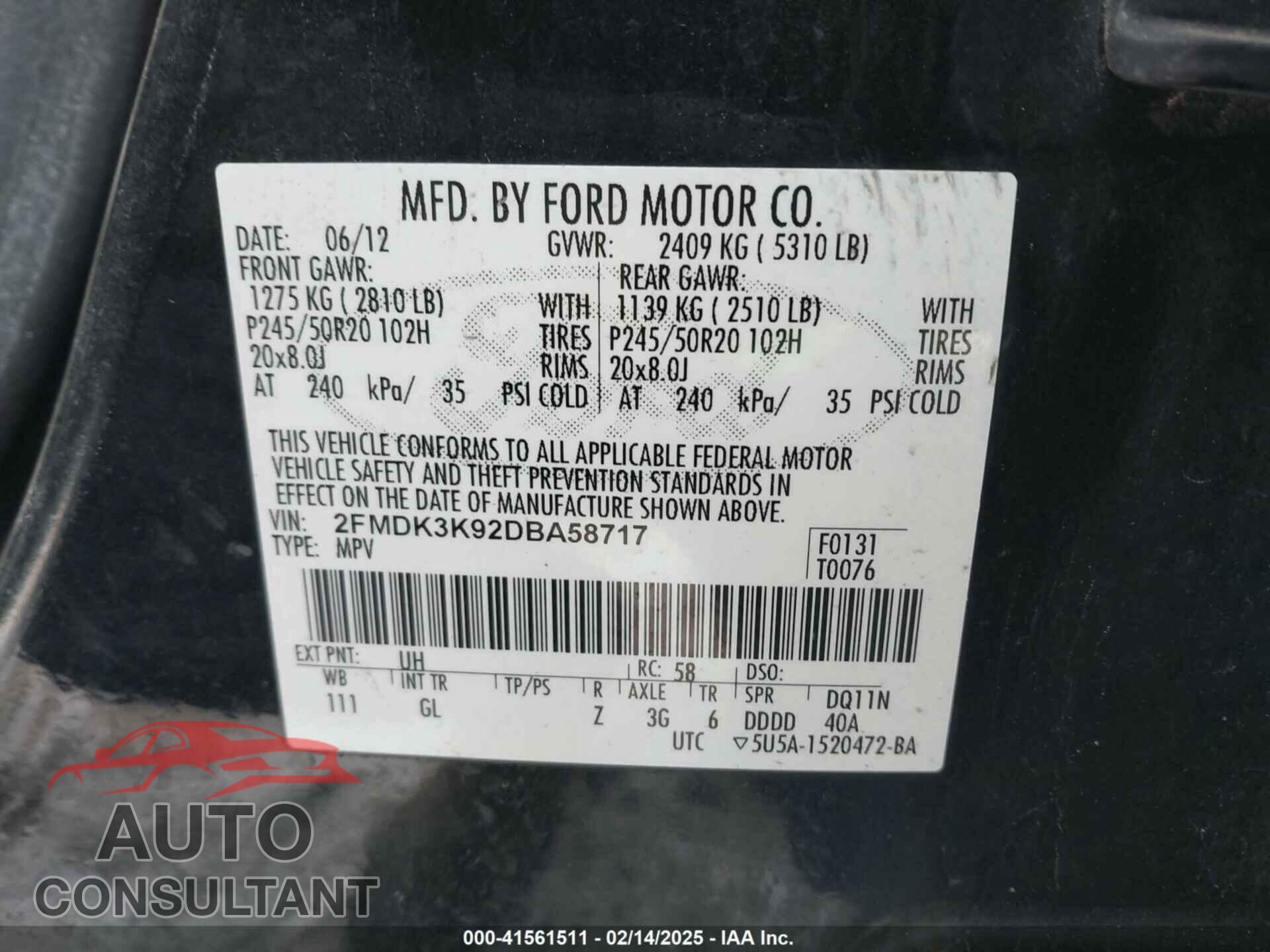 FORD EDGE 2013 - 2FMDK3K92DBA58717