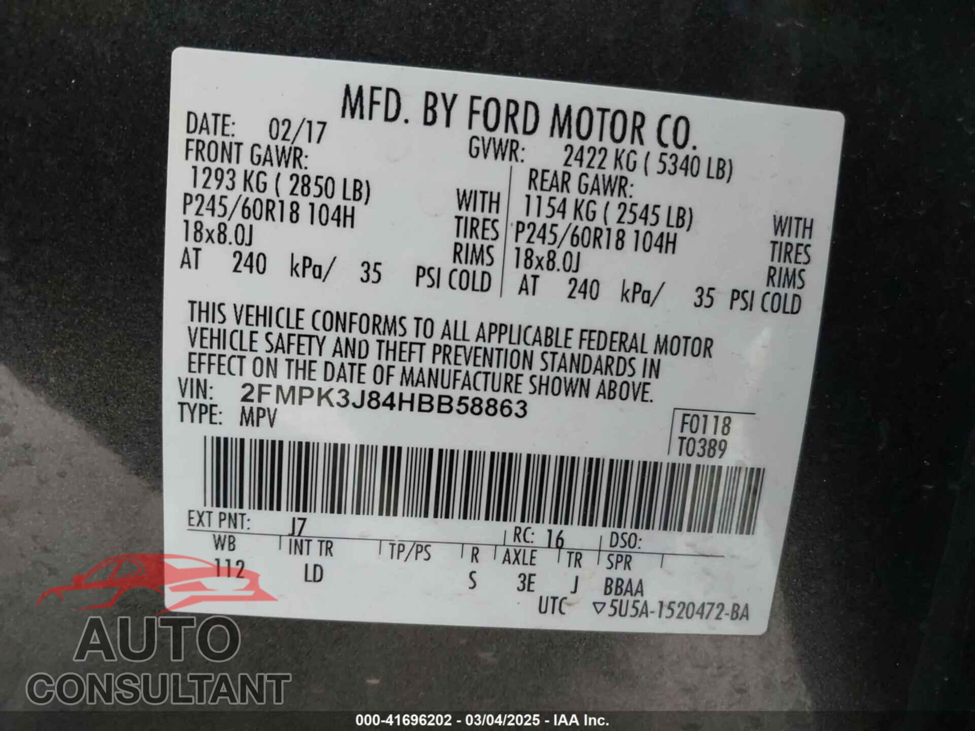 FORD EDGE 2017 - 2FMPK3J84HBB58863