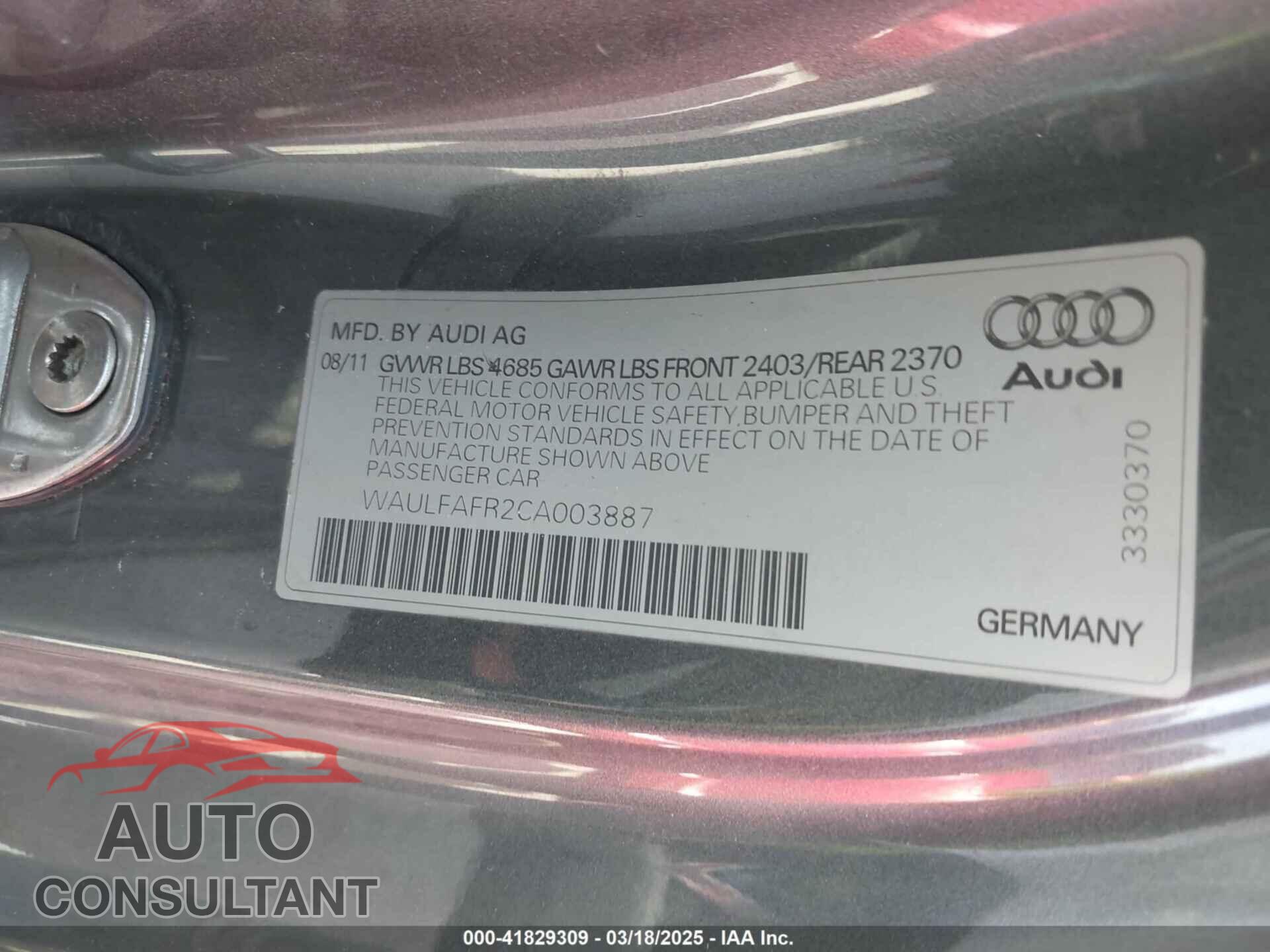 AUDI A5 2012 - WAULFAFR2CA003887
