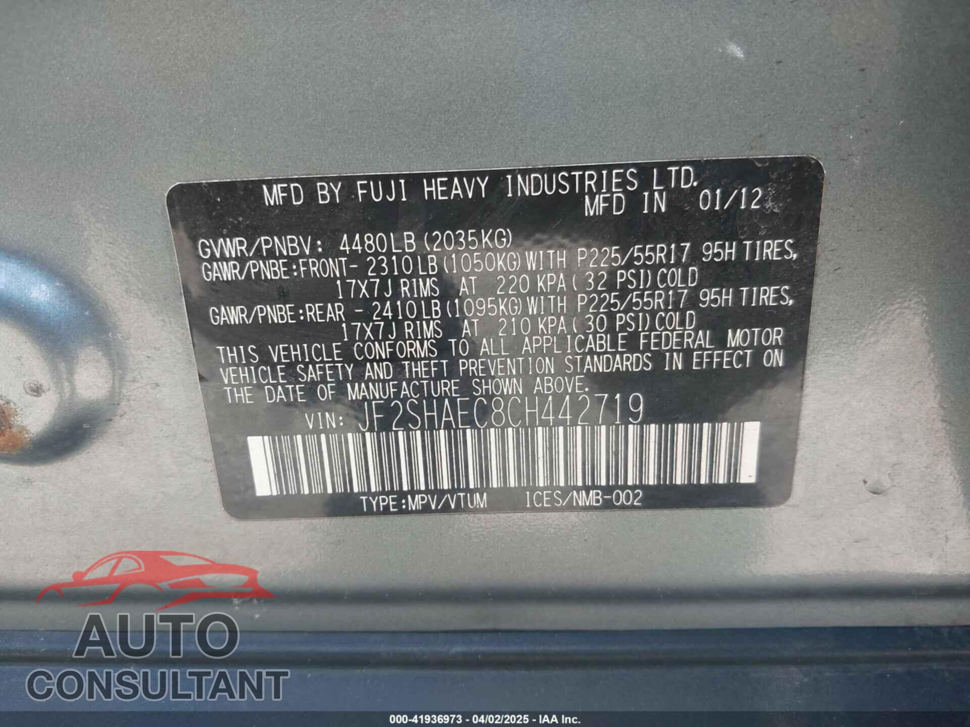 SUBARU FORESTER 2012 - JF2SHAEC8CH442719