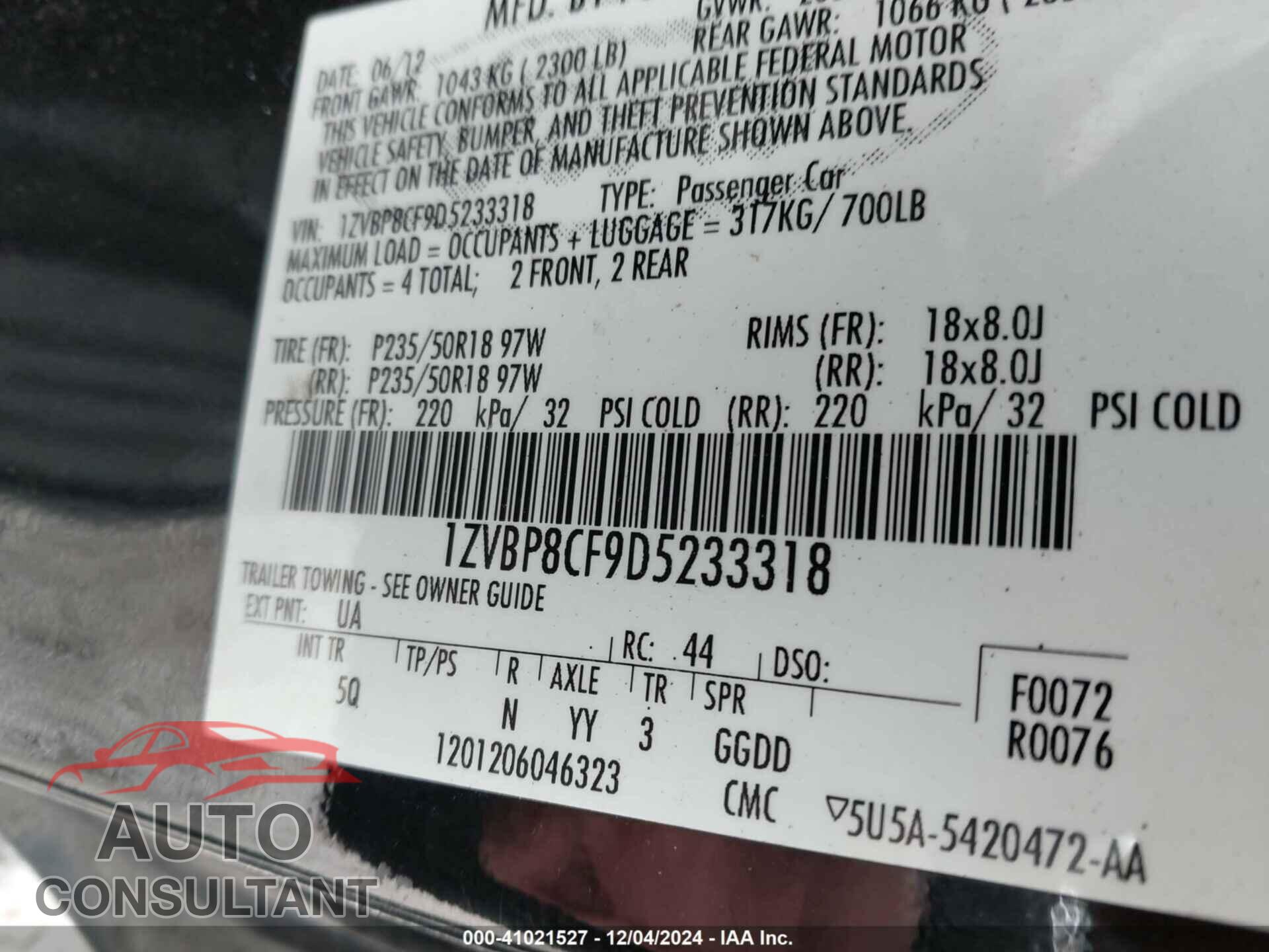 FORD MUSTANG 2013 - 1ZVBP8CF9D5233318