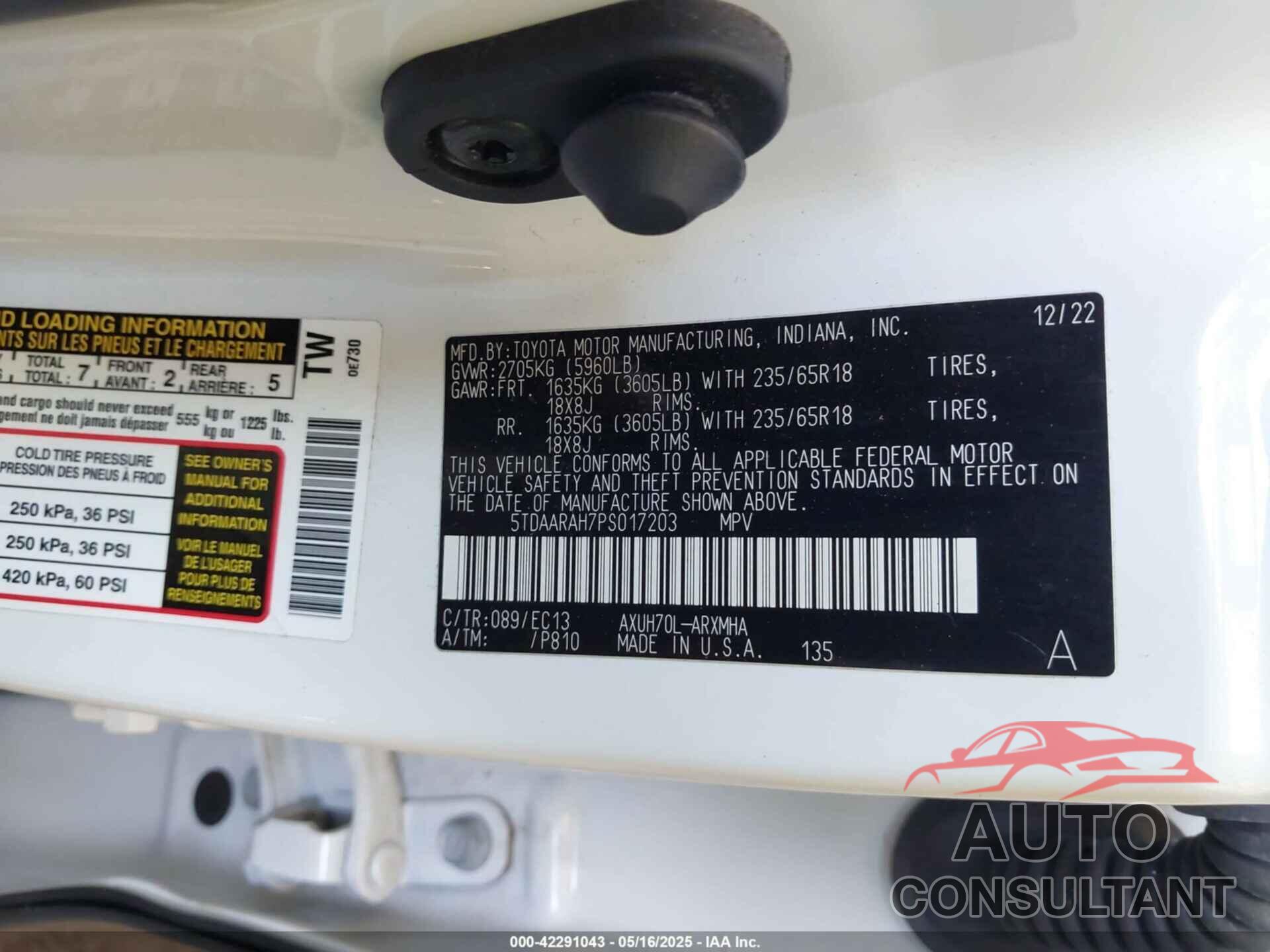 TOYOTA HIGHLANDER 2023 - 5TDAARAH7PS017203