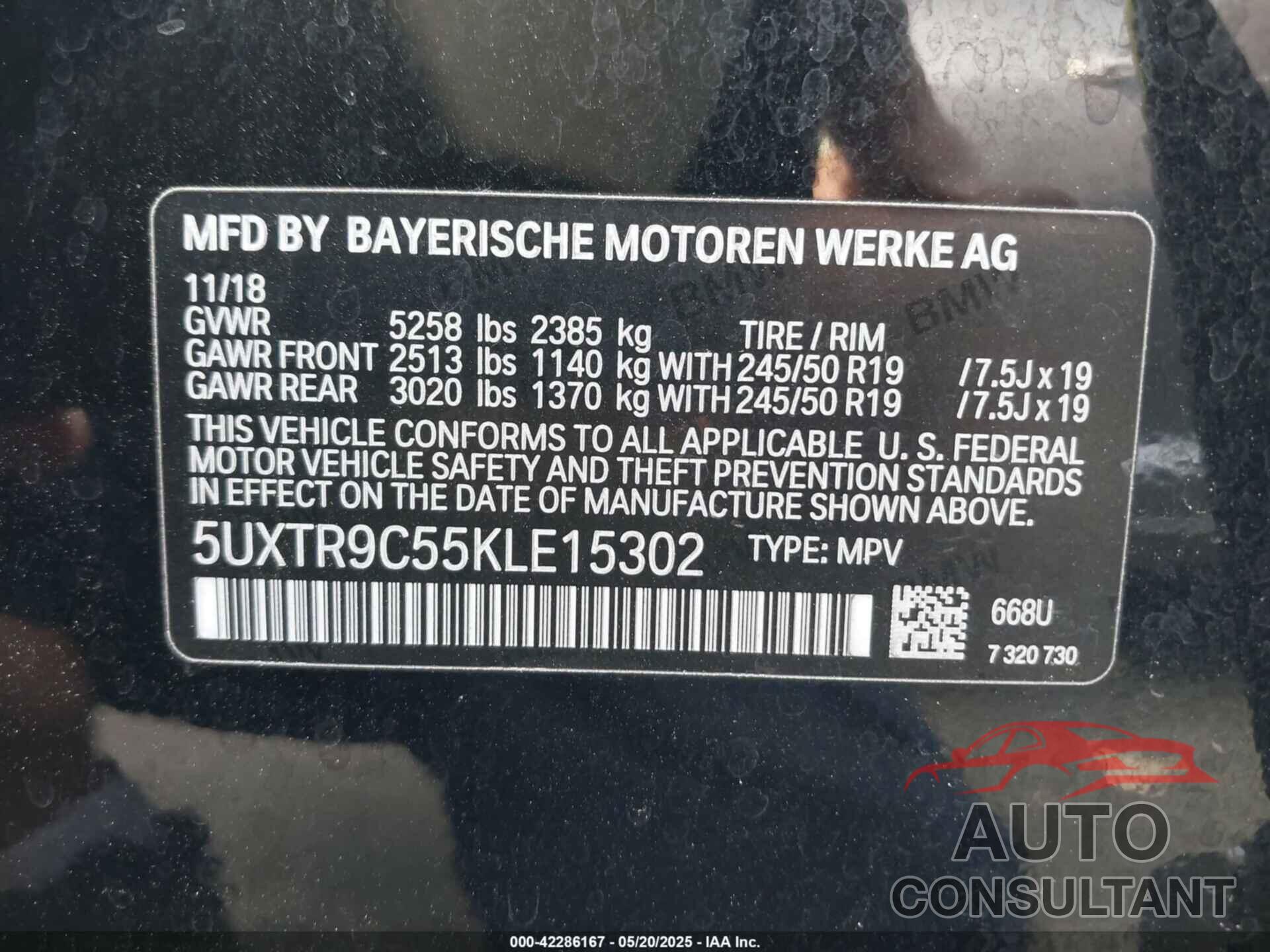 BMW X3 2019 - 5UXTR9C55KLE15302