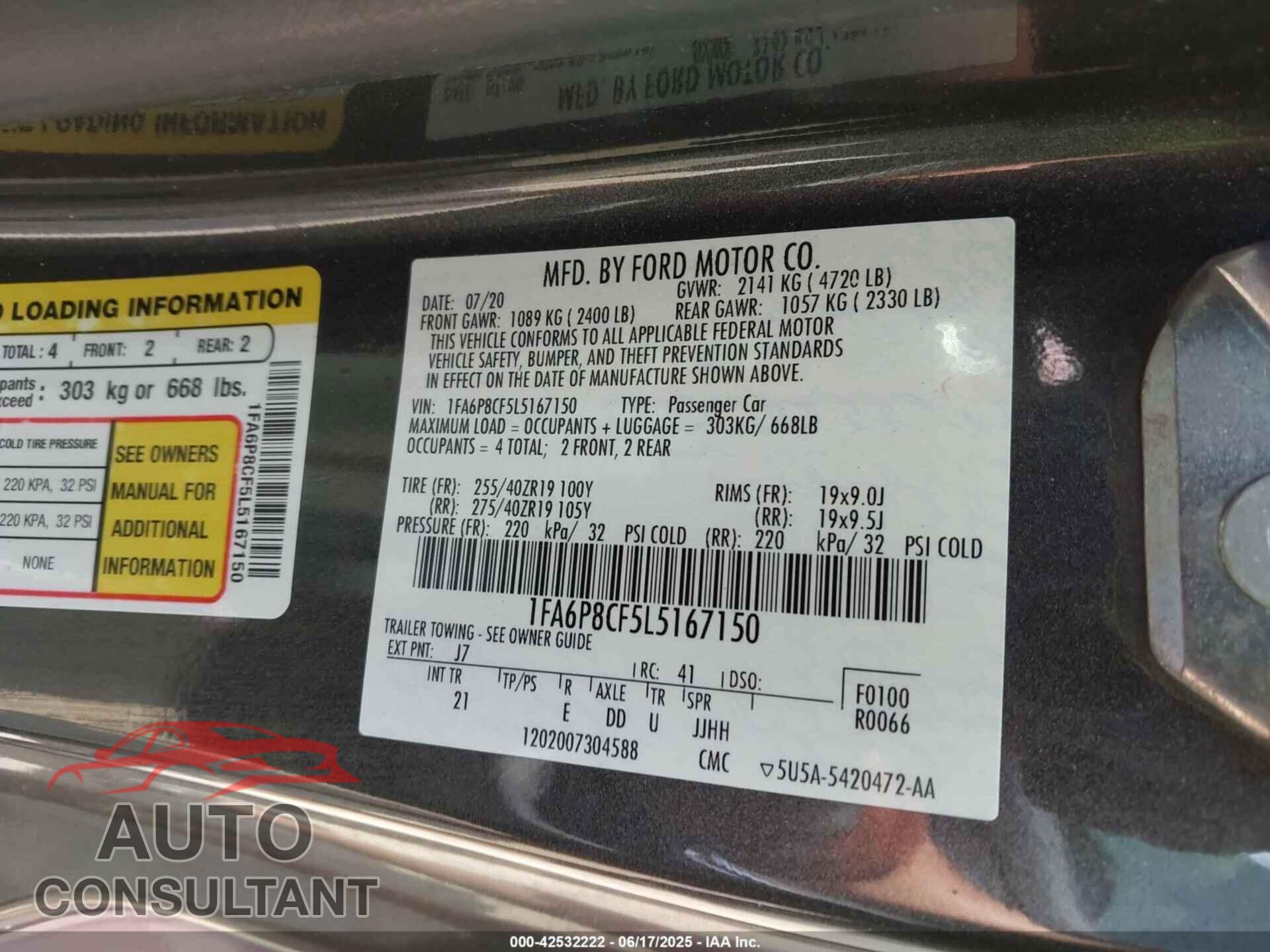 FORD MUSTANG 2020 - 1FA6P8CF5L5167150
