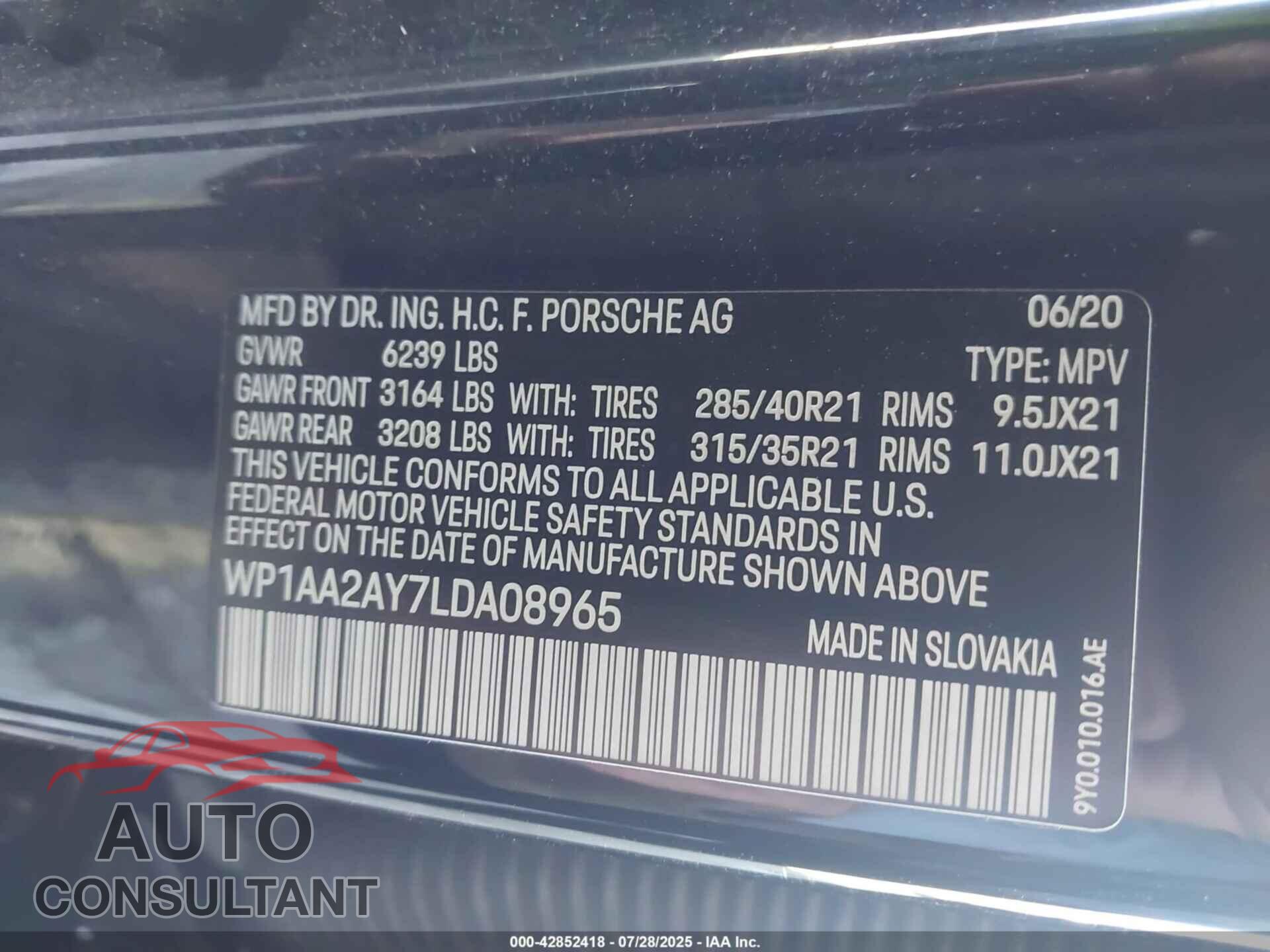 PORSCHE CAYENNE 2020 - WP1AA2AY7LDA08965