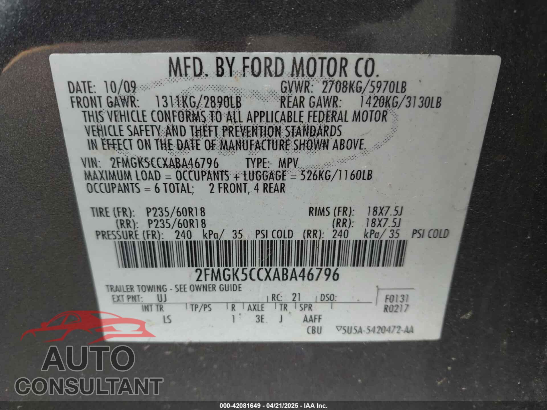 FORD FLEX 2010 - 2FMGK5CCXABA46796