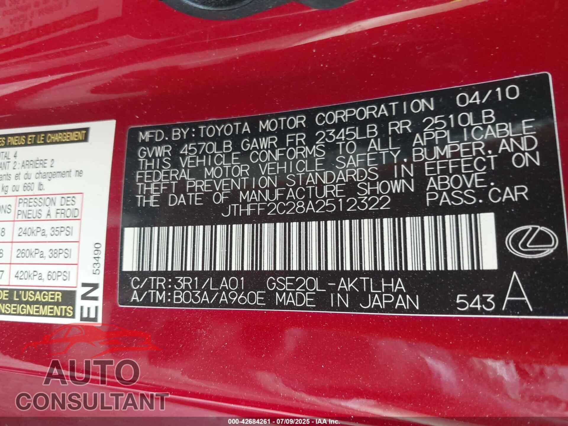 LEXUS IS 250C 2010 - JTHFF2C28A2512322