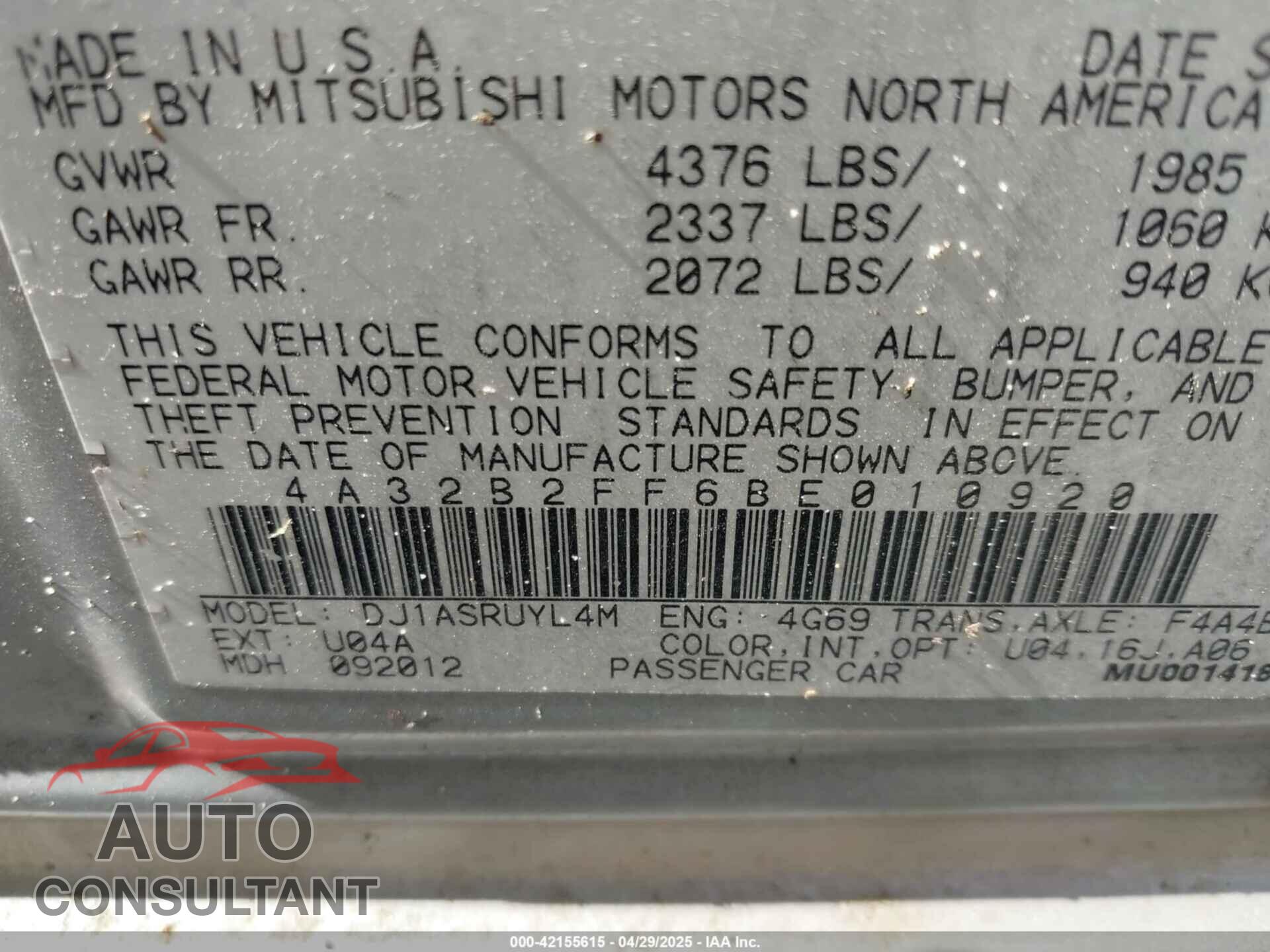 MITSUBISHI GALANT 2011 - 4A32B2FF6BE010920