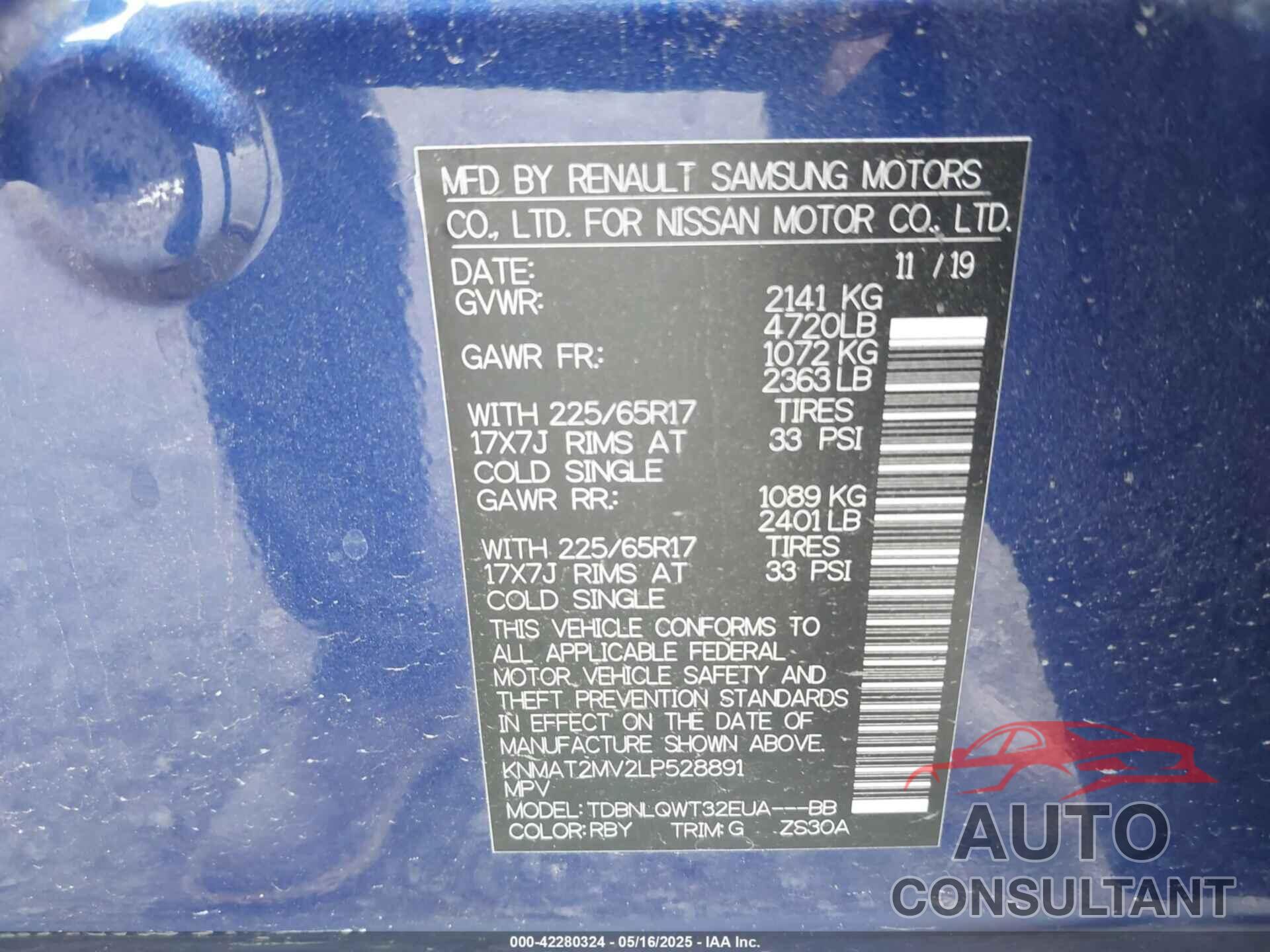 NISSAN ROGUE 2020 - KNMAT2MV2LP528891