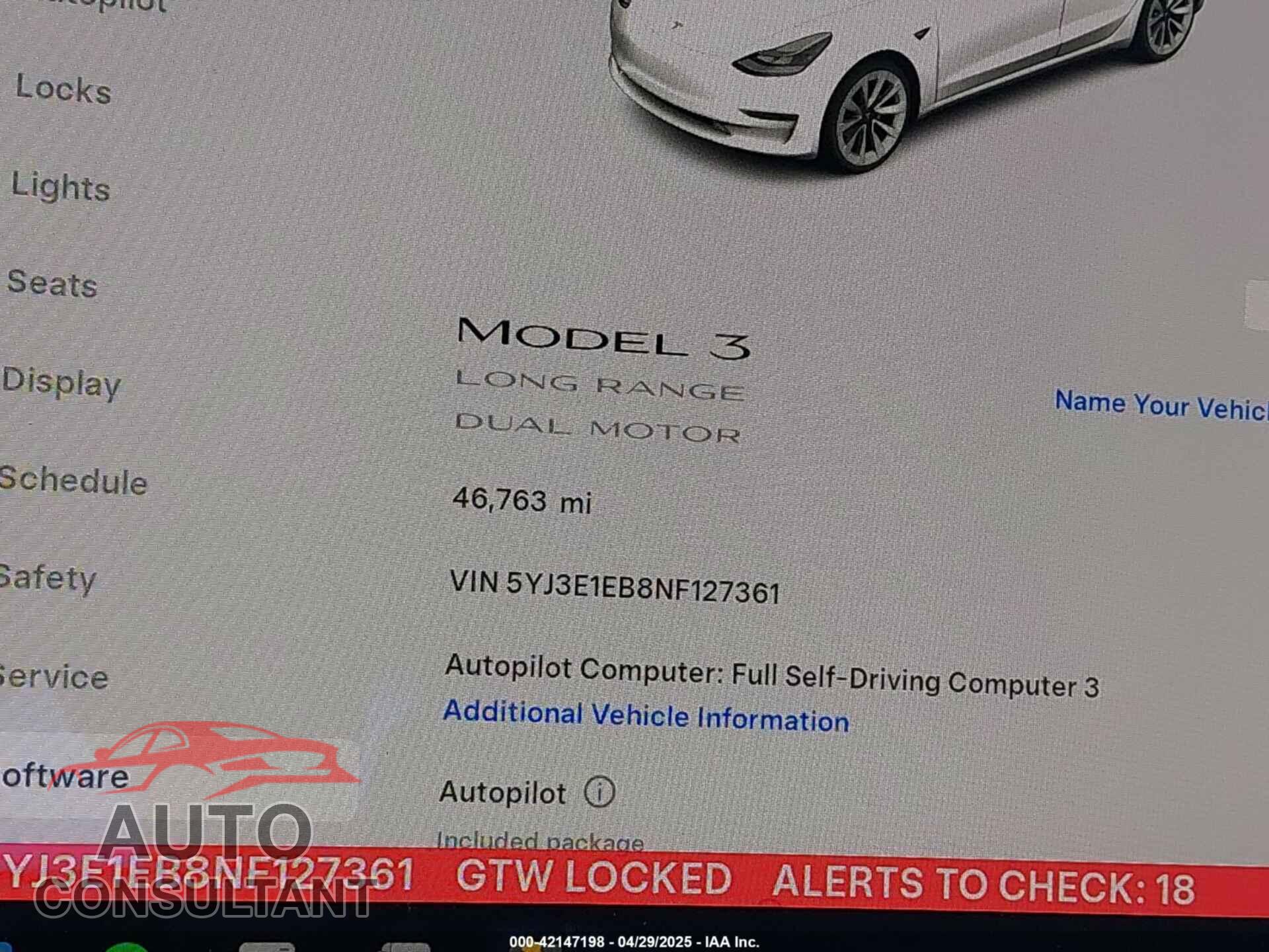 TESLA MODEL 3 2022 - 5YJ3E1EB8NF127361