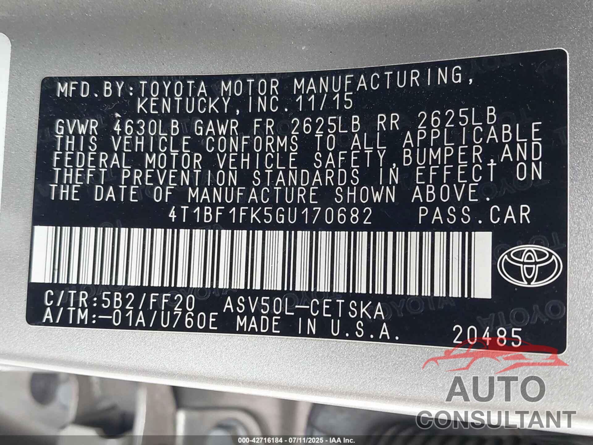 TOYOTA CAMRY 2016 - 4T1BF1FK5GU170682