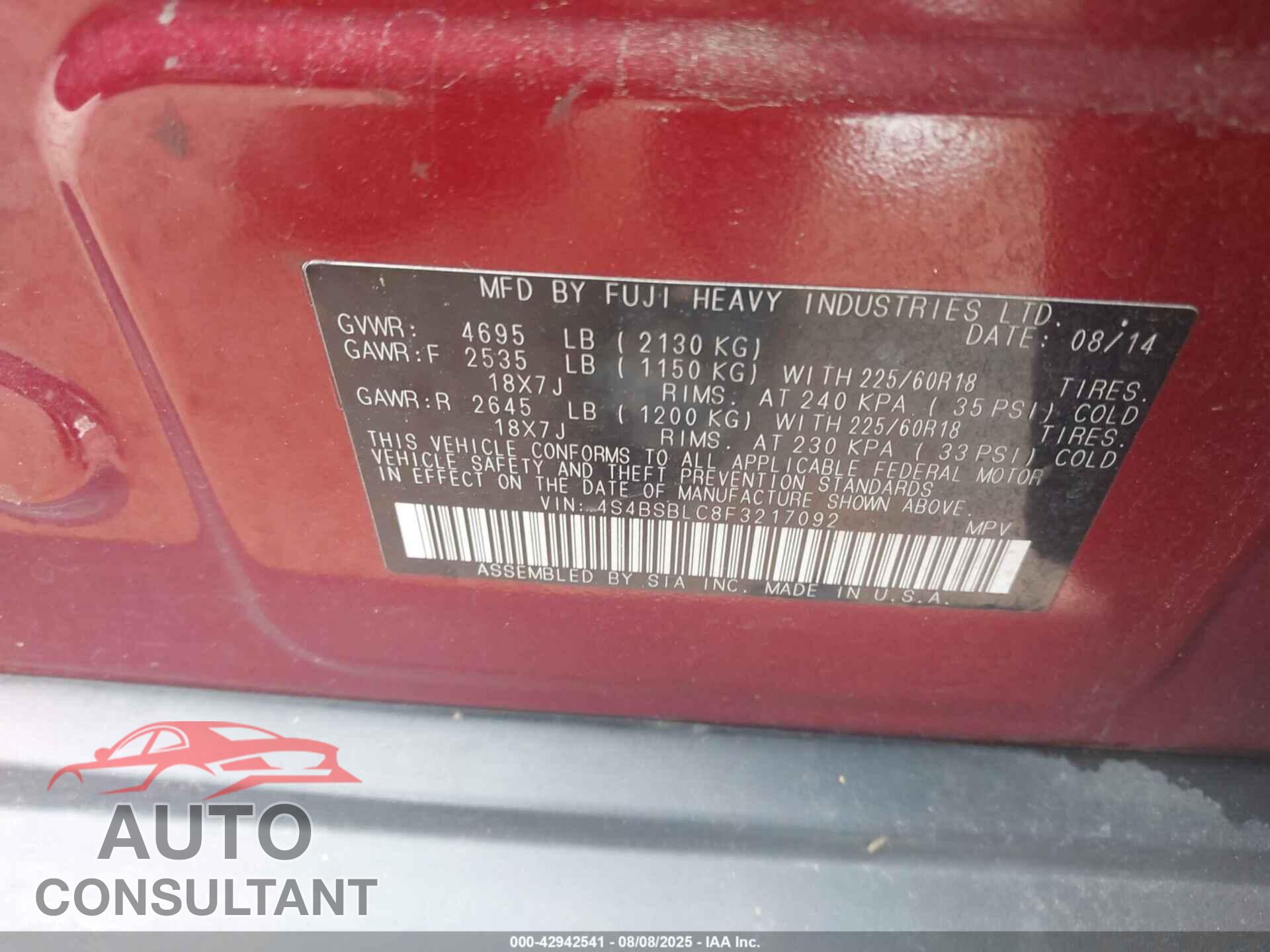 SUBARU OUTBACK 2015 - 4S4BSBLC8F3217092