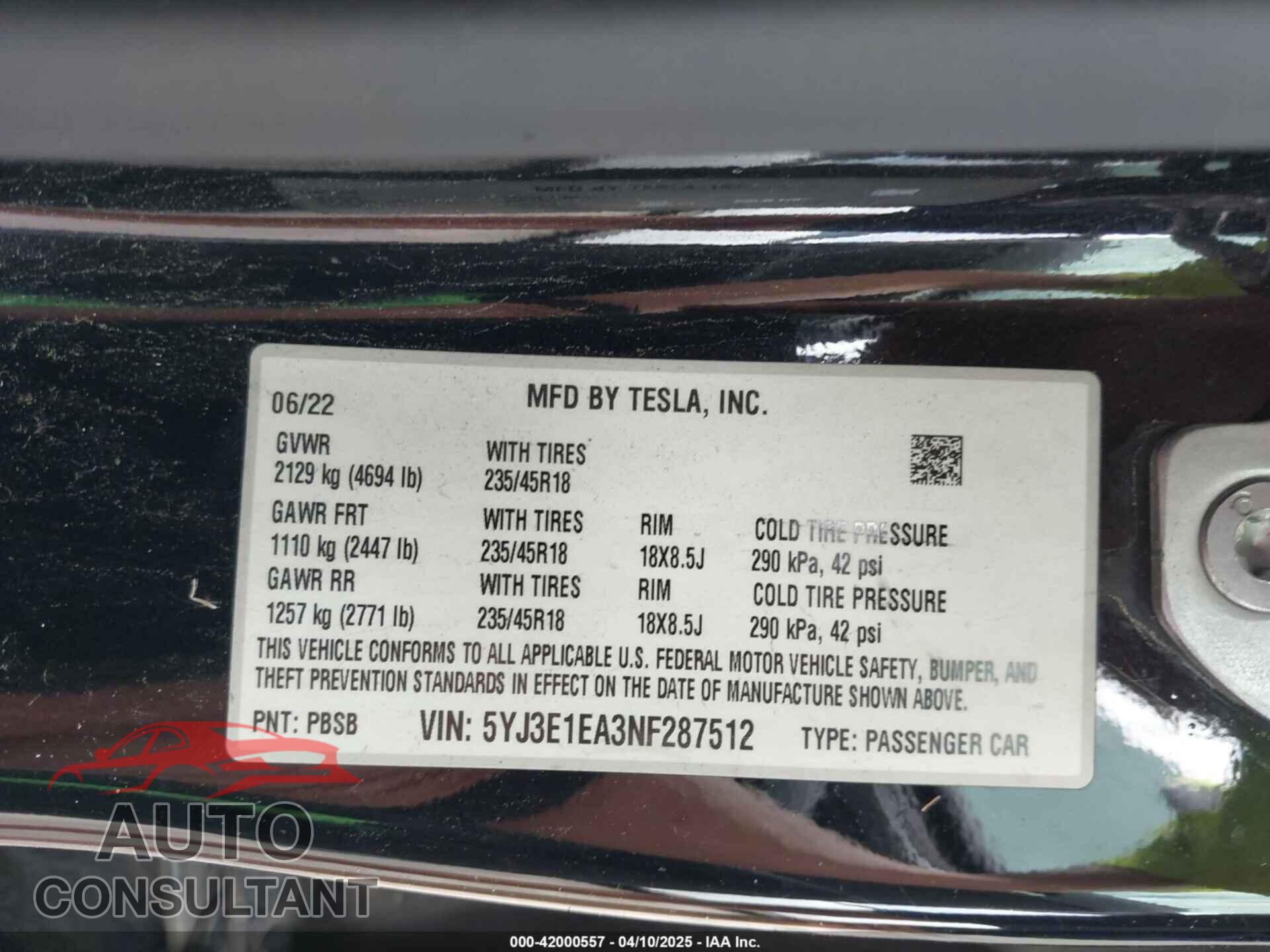 TESLA MODEL 3 2022 - 5YJ3E1EA3NF287512
