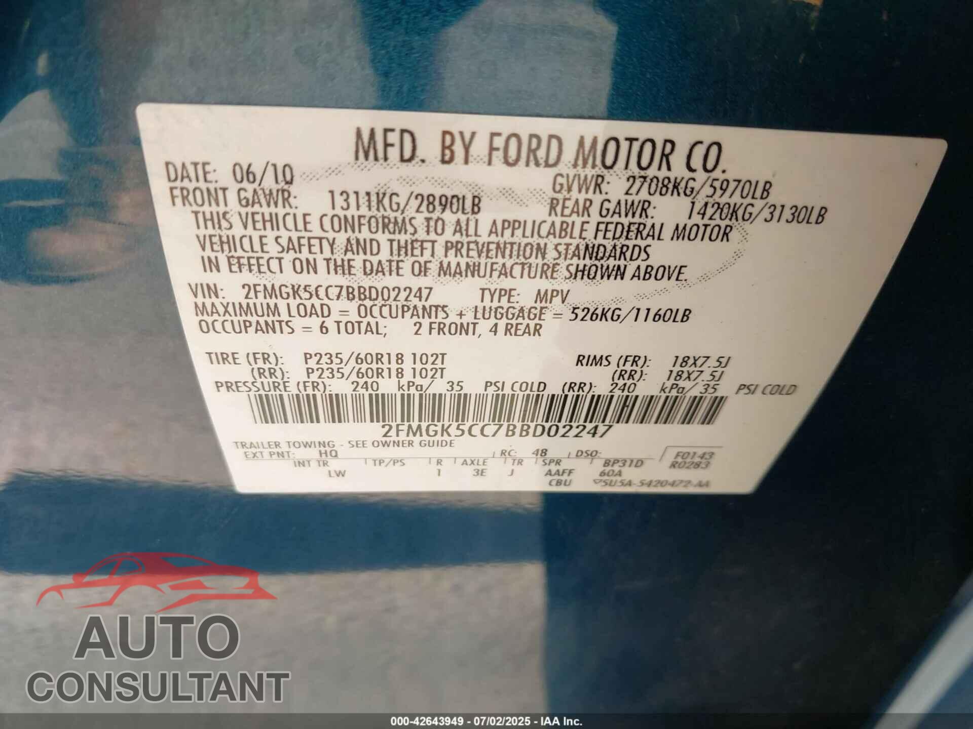 FORD FLEX 2011 - 2FMGK5CC7BBD02247