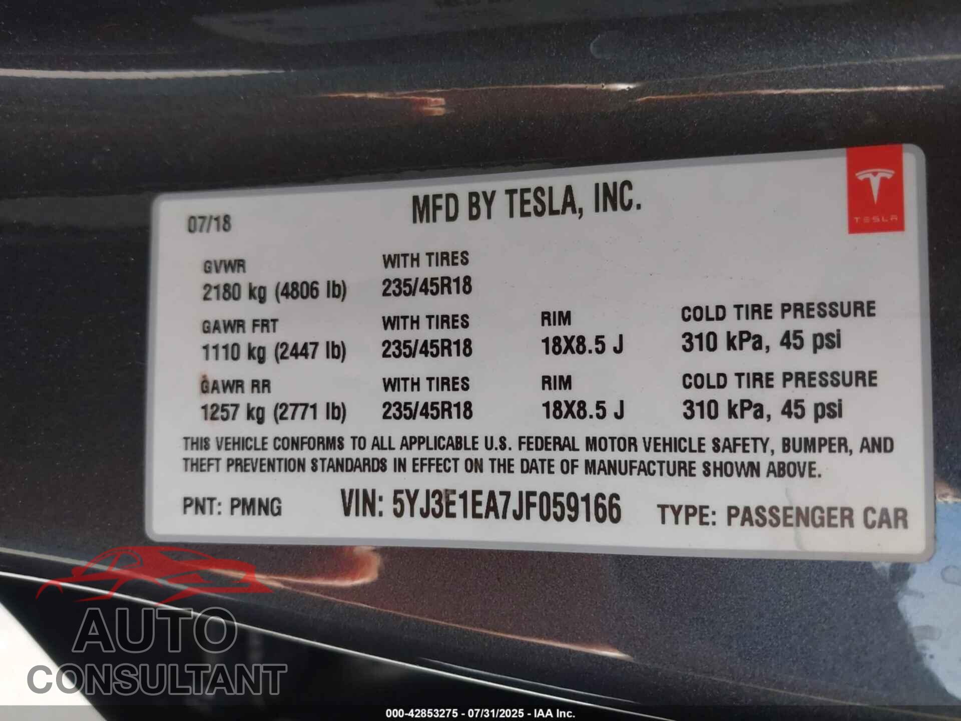 TESLA MODEL 3 2018 - 5YJ3E1EA7JF059166