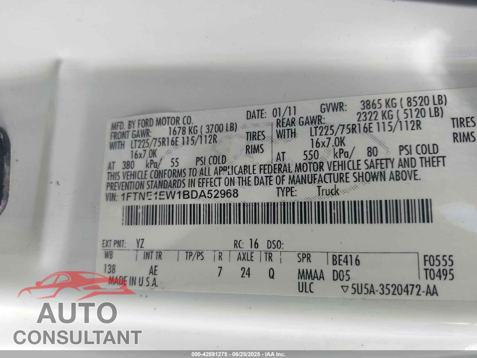 FORD E-150 2011 - 1FTNE1EW1BDA52968