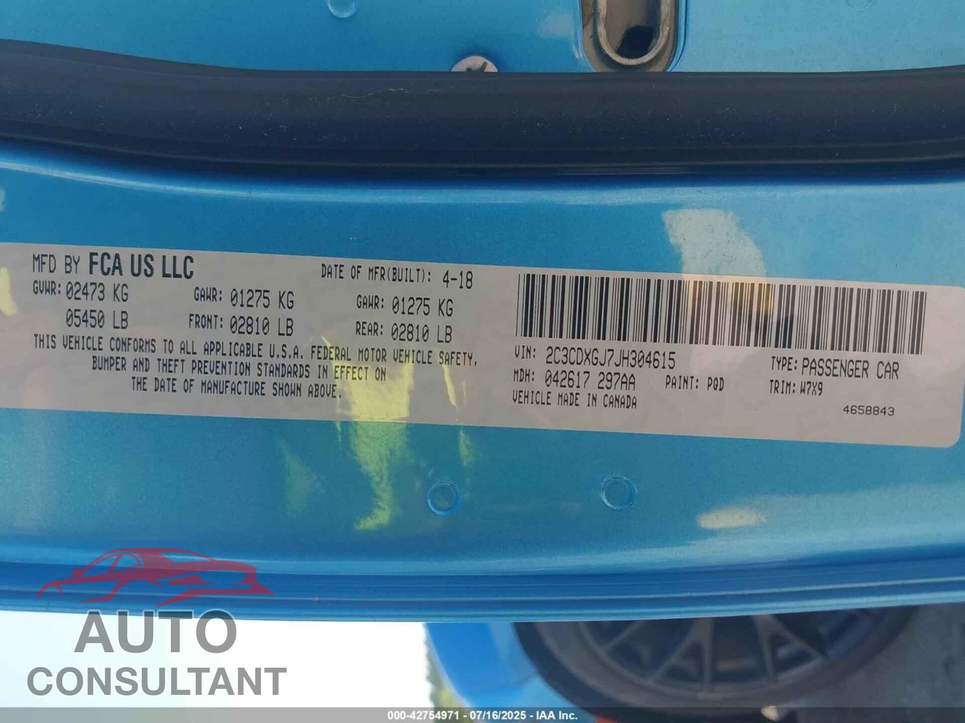 DODGE CHARGER 2018 - 2C3CDXGJ7JH304615