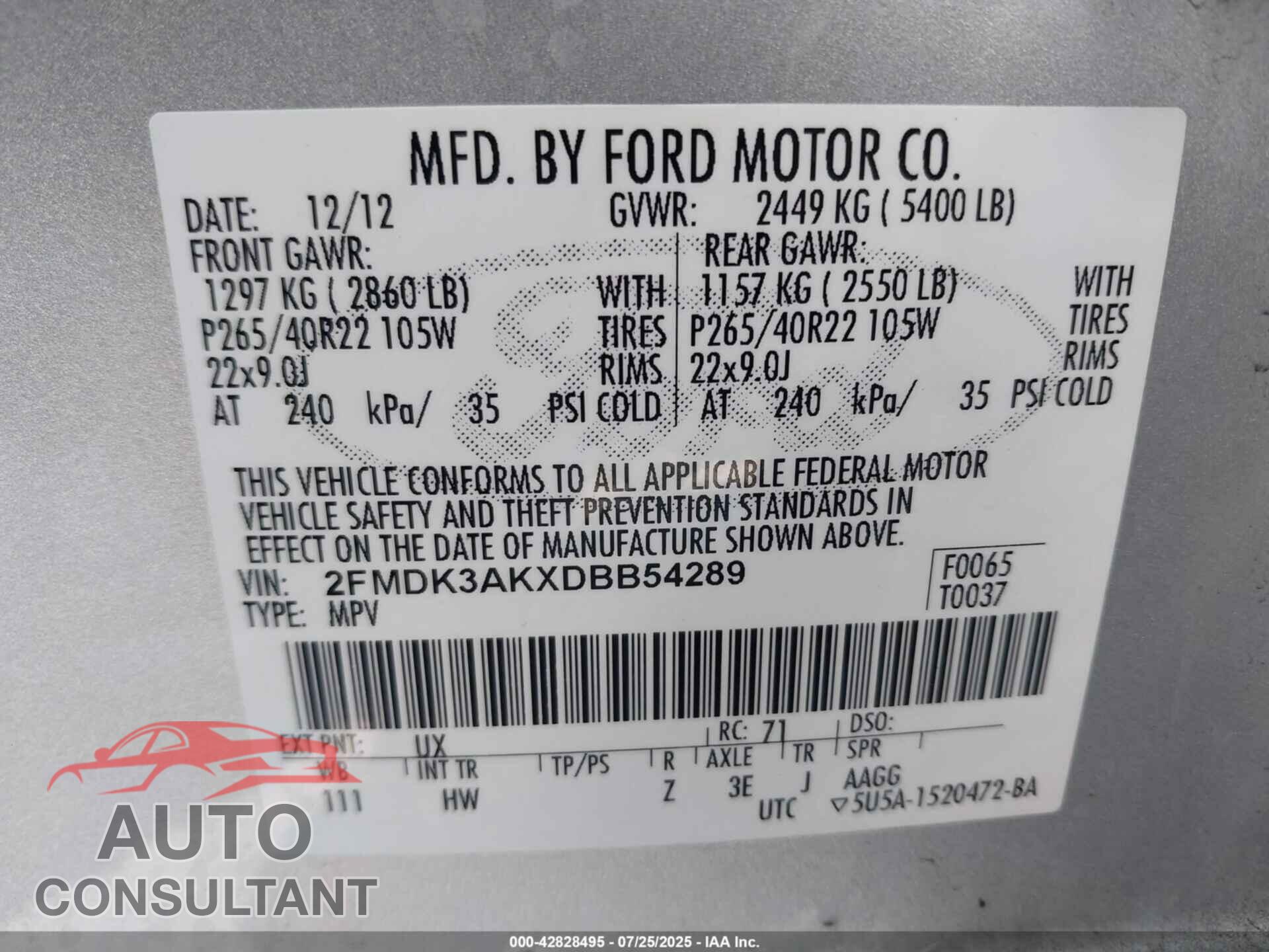 FORD EDGE 2013 - 2FMDK3AKXDBB54289