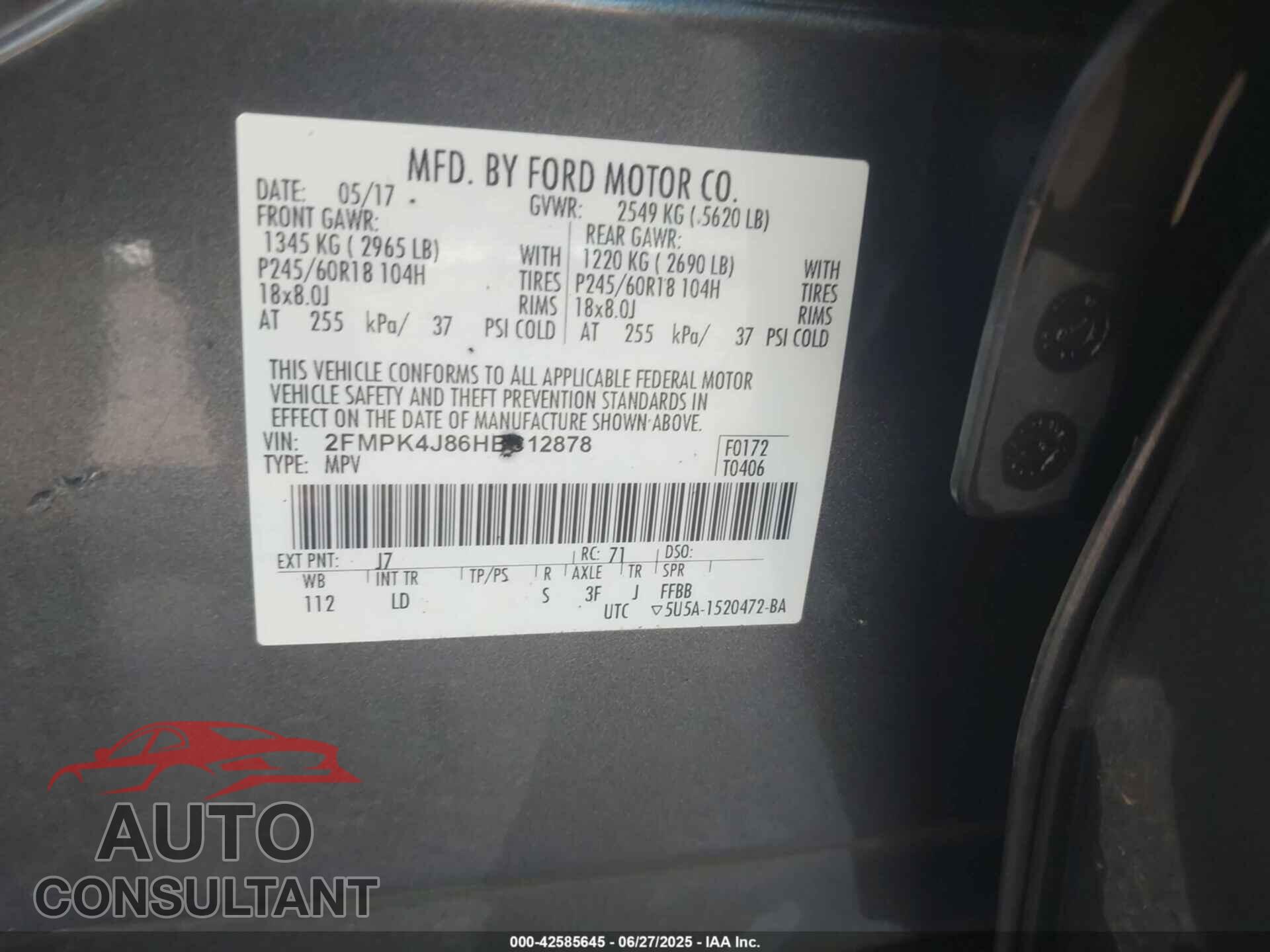 FORD EDGE 2017 - 2FMPK4J86HBC12878