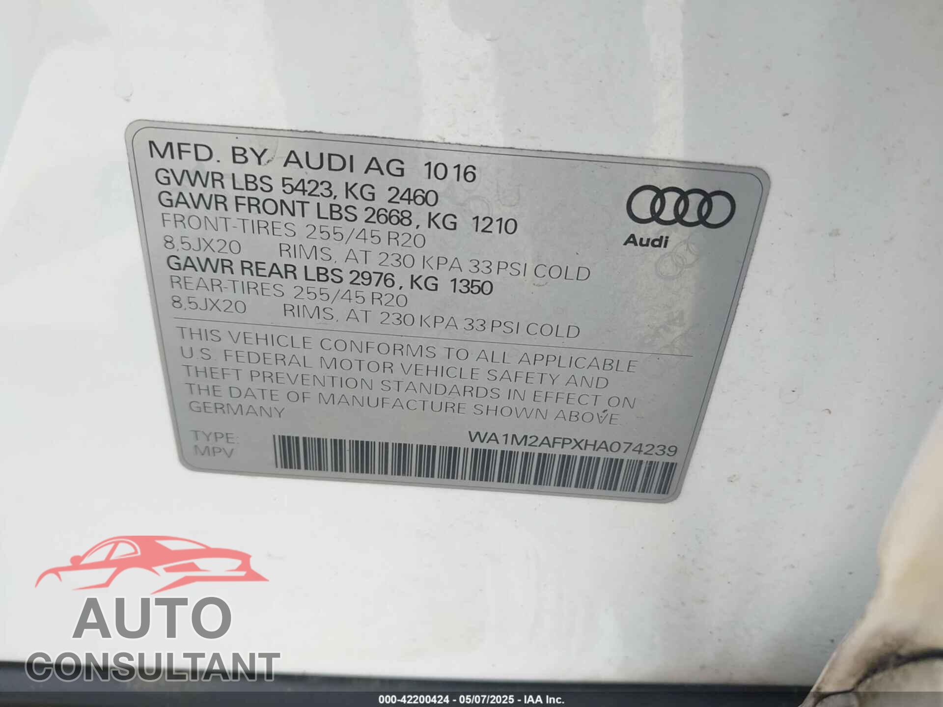 AUDI Q5 2017 - WA1M2AFPXHA074239