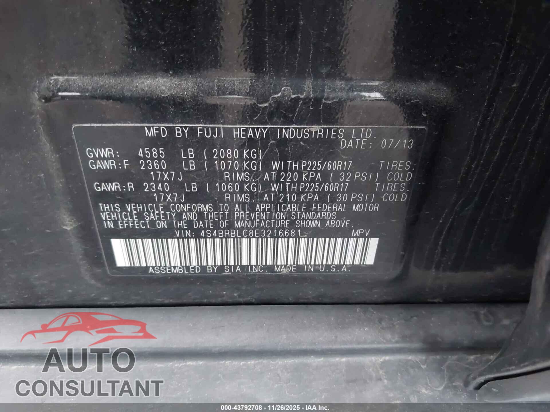 SUBARU OUTBACK 2014 - 4S4BRBLC8E3216681