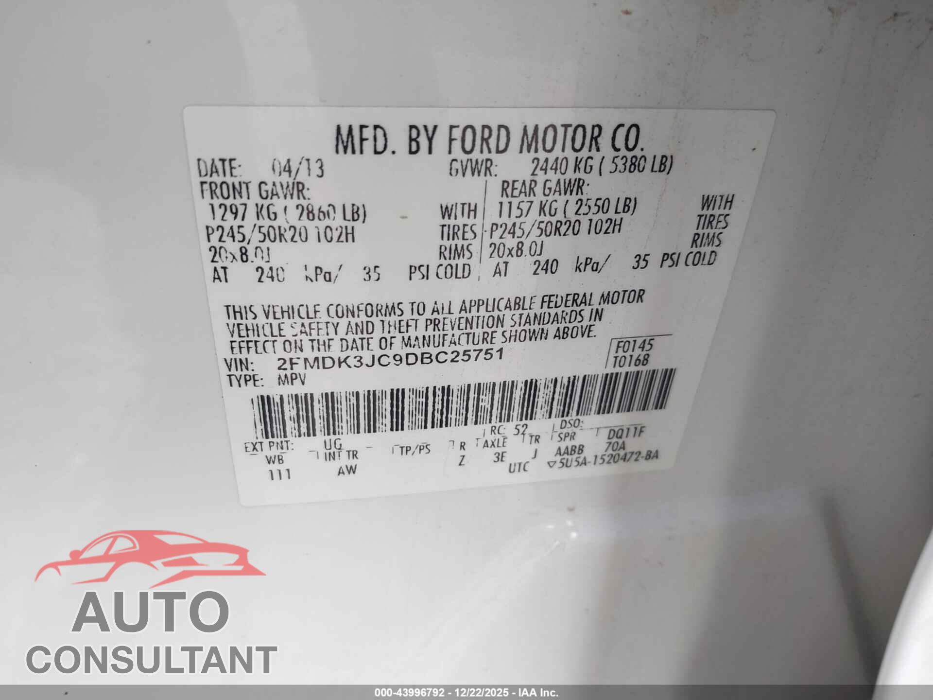 FORD EDGE 2013 - 2FMDK3JC9DBC25751