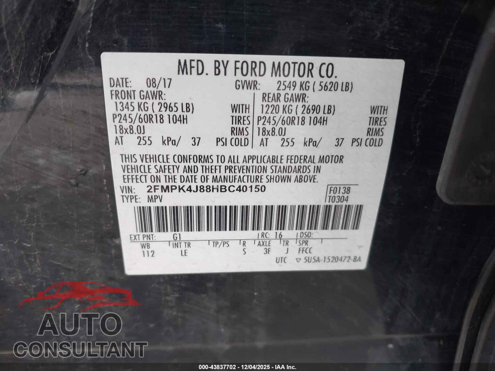 FORD EDGE 2017 - 2FMPK4J88HBC40150