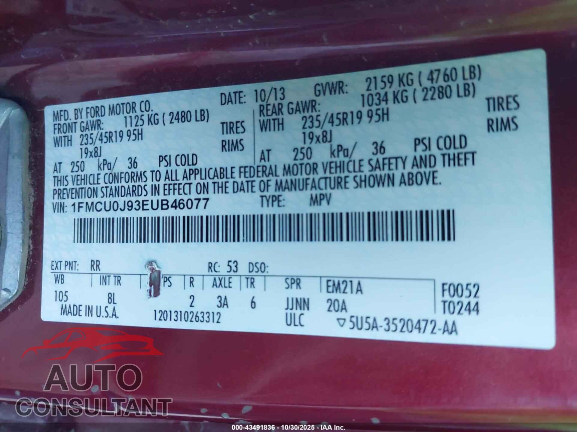 FORD ESCAPE 2014 - 1FMCU0J93EUB46077