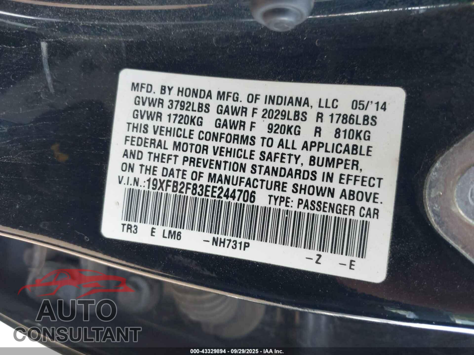 HONDA CIVIC 2014 - 19XFB2F83EE244706