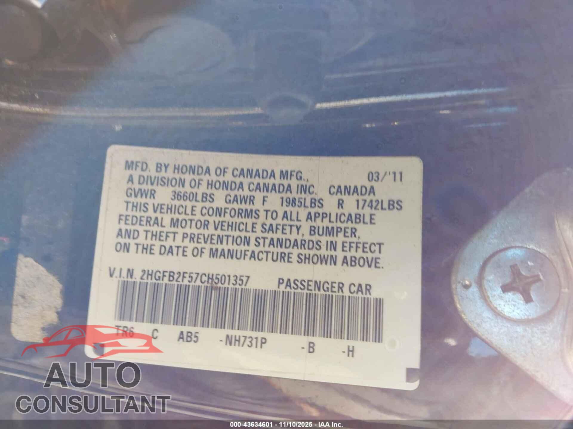 HONDA CIVIC 2012 - 2HGFB2F57CH501357