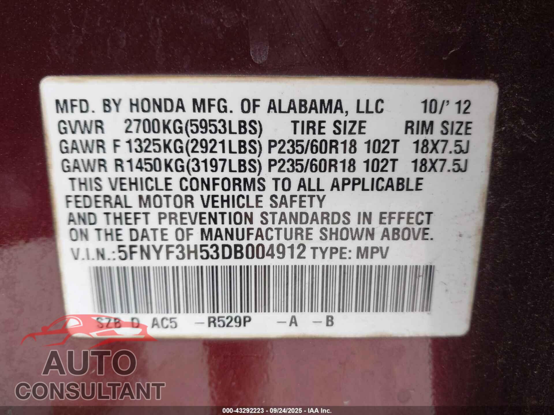 HONDA PILOT 2013 - 5FNYF3H53DB004912
