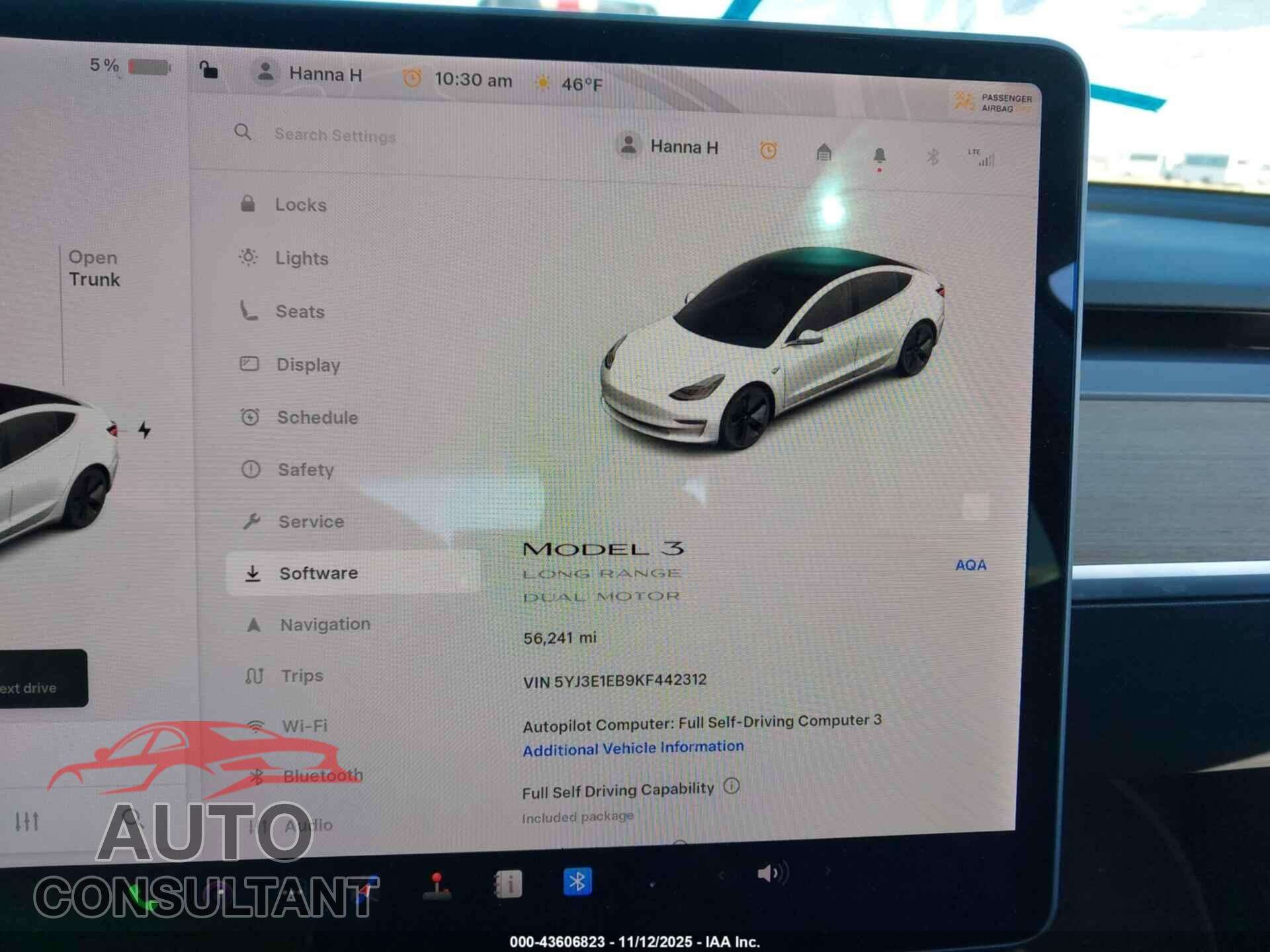 TESLA MODEL 3 2019 - 5YJ3E1EB9KF442312