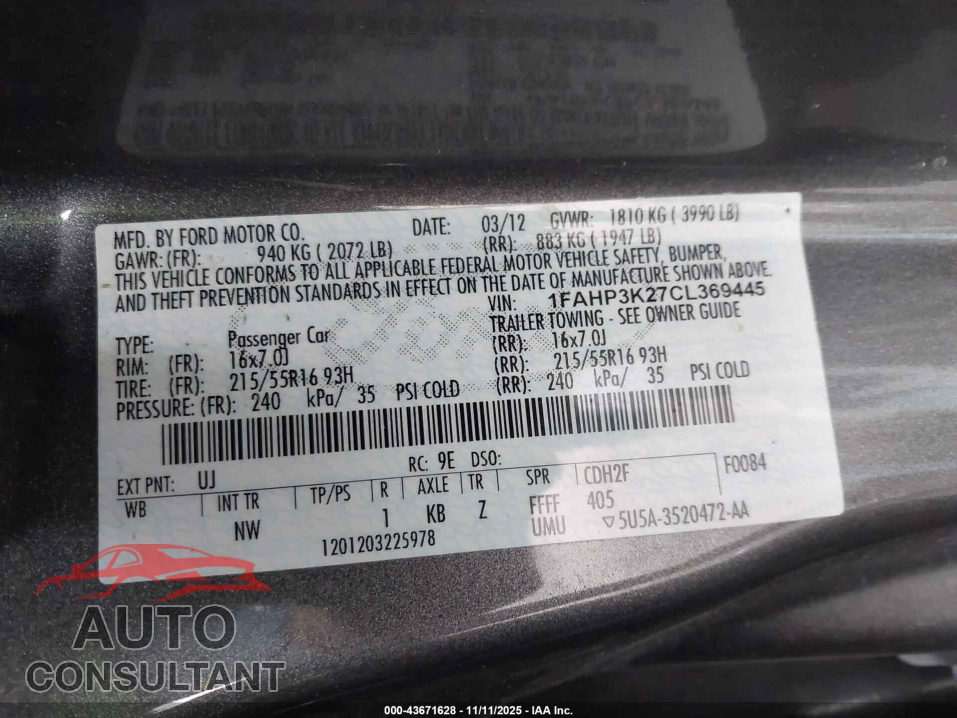 FORD FOCUS 2012 - 1FAHP3K27CL369445