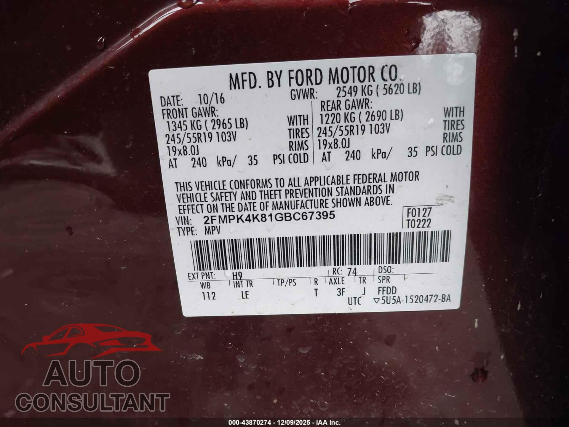 FORD EDGE 2016 - 2FMPK4K81GBC67395