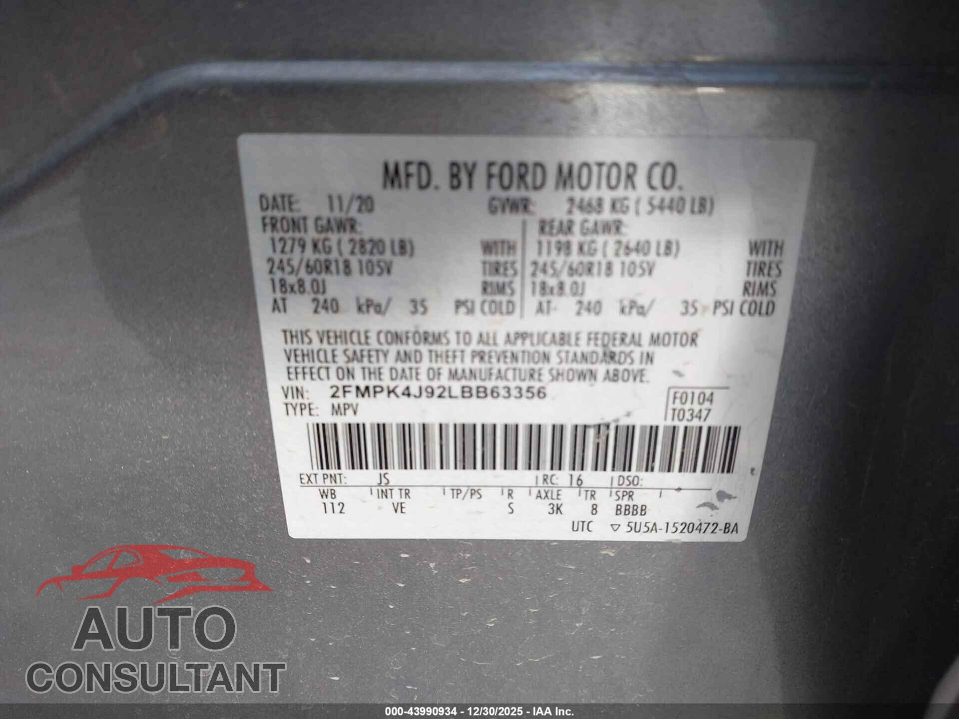 FORD EDGE 2020 - 2FMPK4J92LBB63356