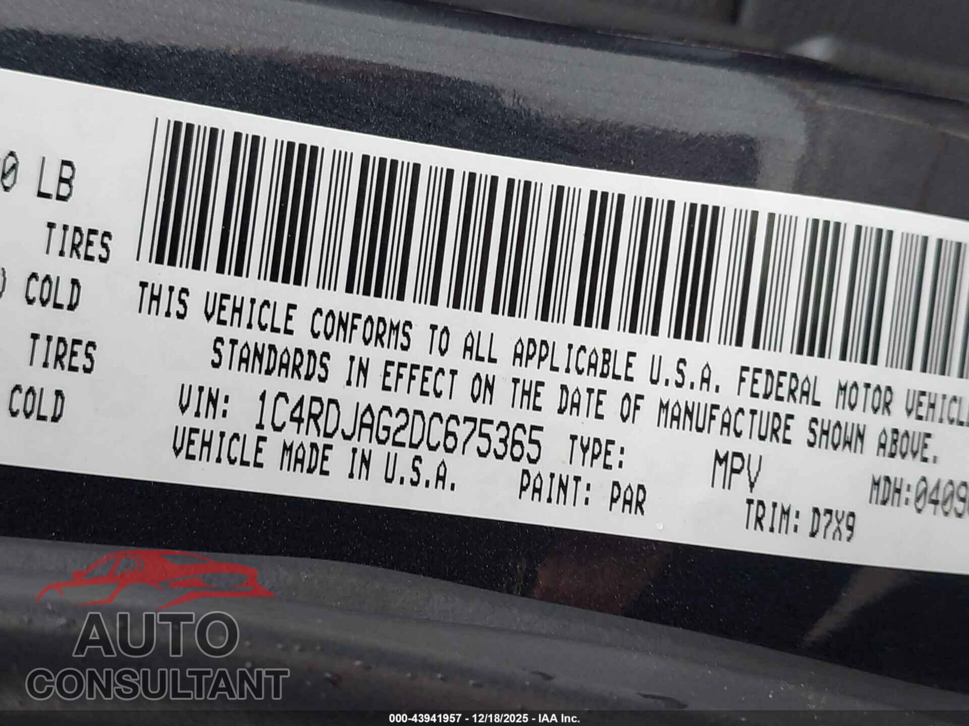 DODGE DURANGO 2013 - 1C4RDJAG2DC675365