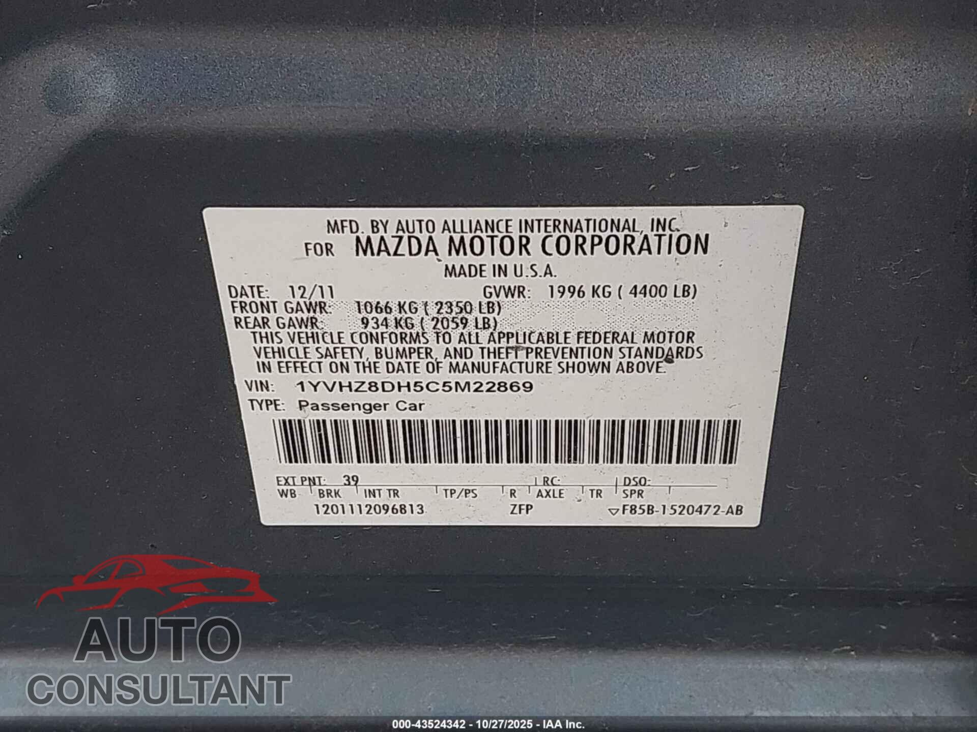MAZDA MAZDA6 2012 - 1YVHZ8DH5C5M22869