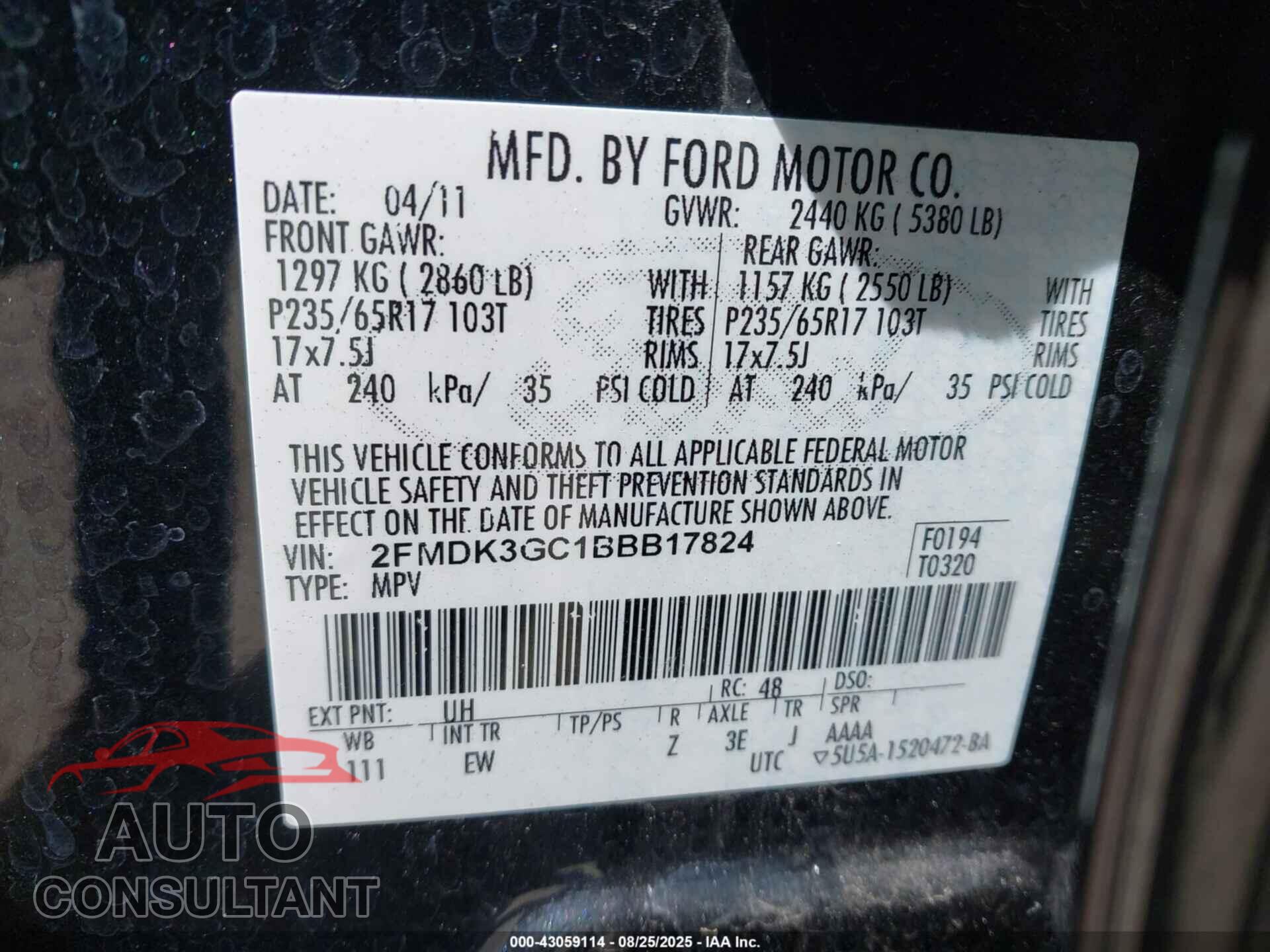 FORD EDGE 2011 - 2FMDK3GC1BBB17824