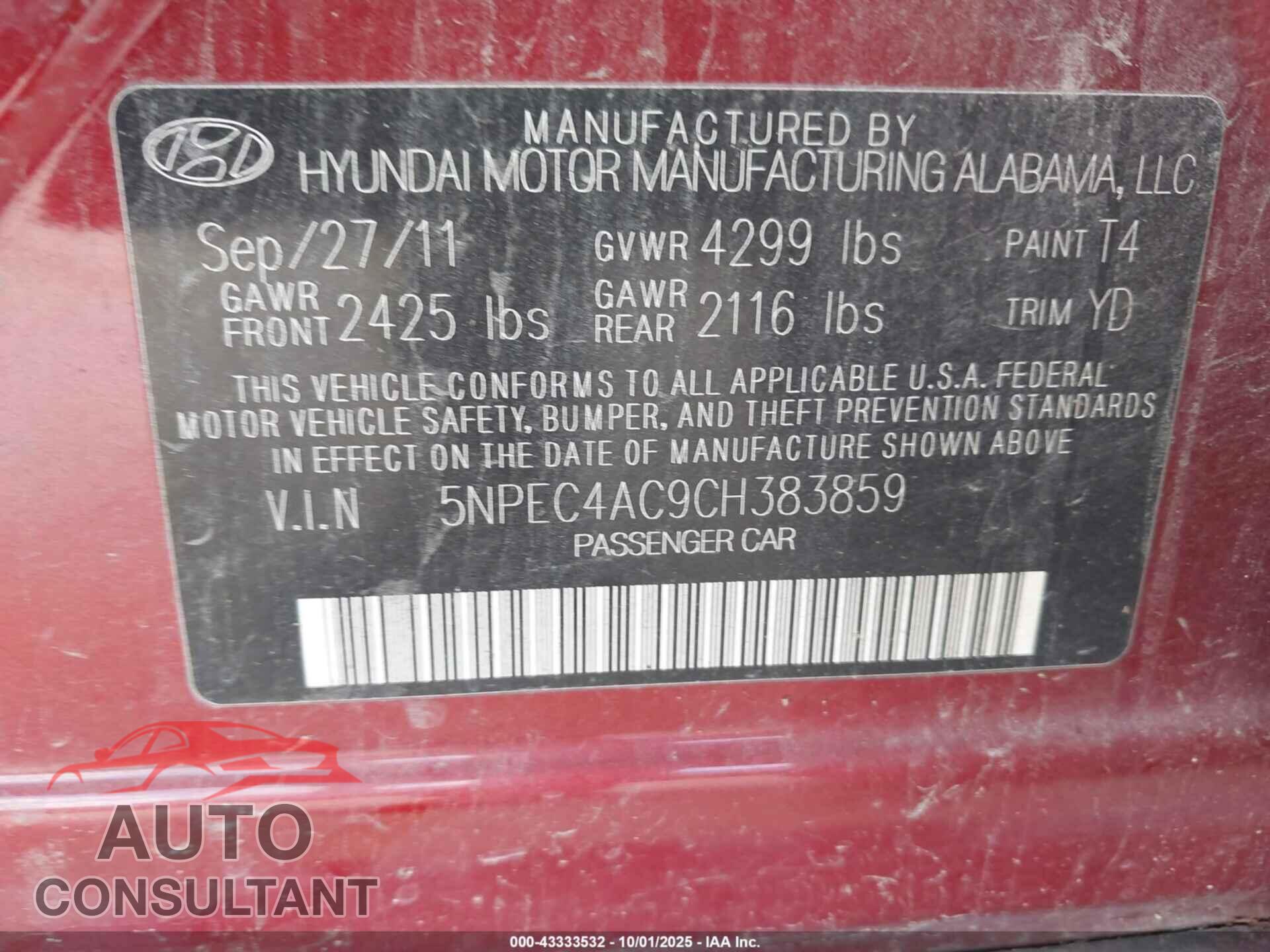 HYUNDAI SONATA 2012 - 5NPEC4AC9CH383859