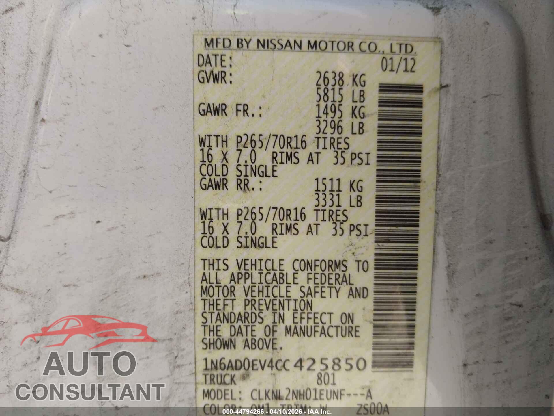NISSAN FRONTIER 2012 - 1N6AD0EV4CC425850