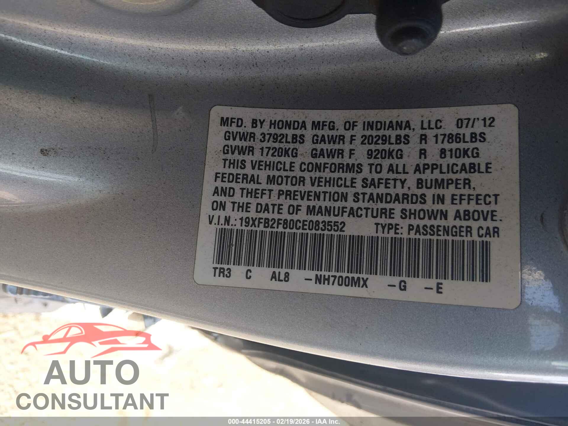 HONDA CIVIC 2012 - 19XFB2F80CE083552