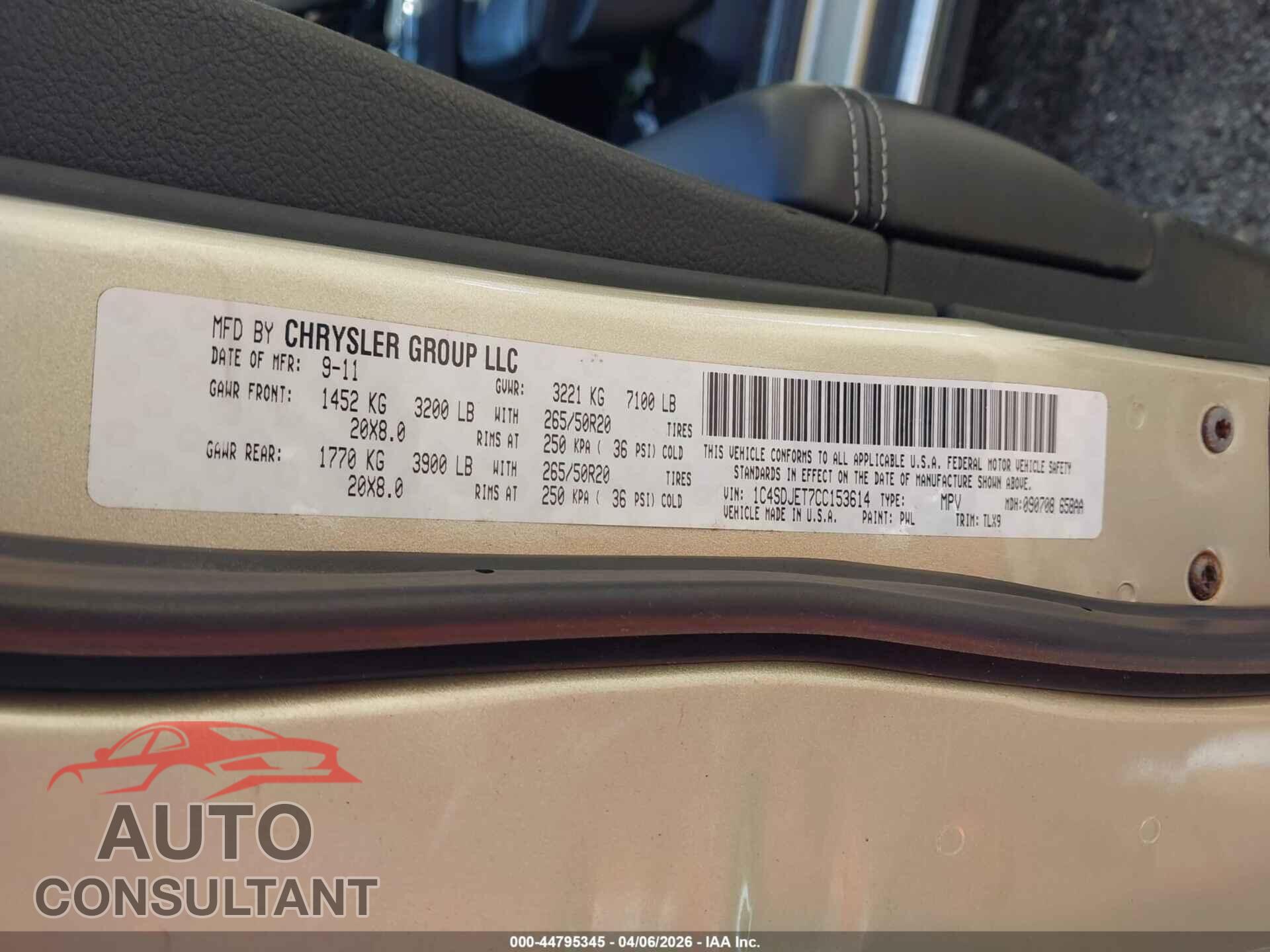 DODGE DURANGO 2012 - 1C4SDJET7CC153614