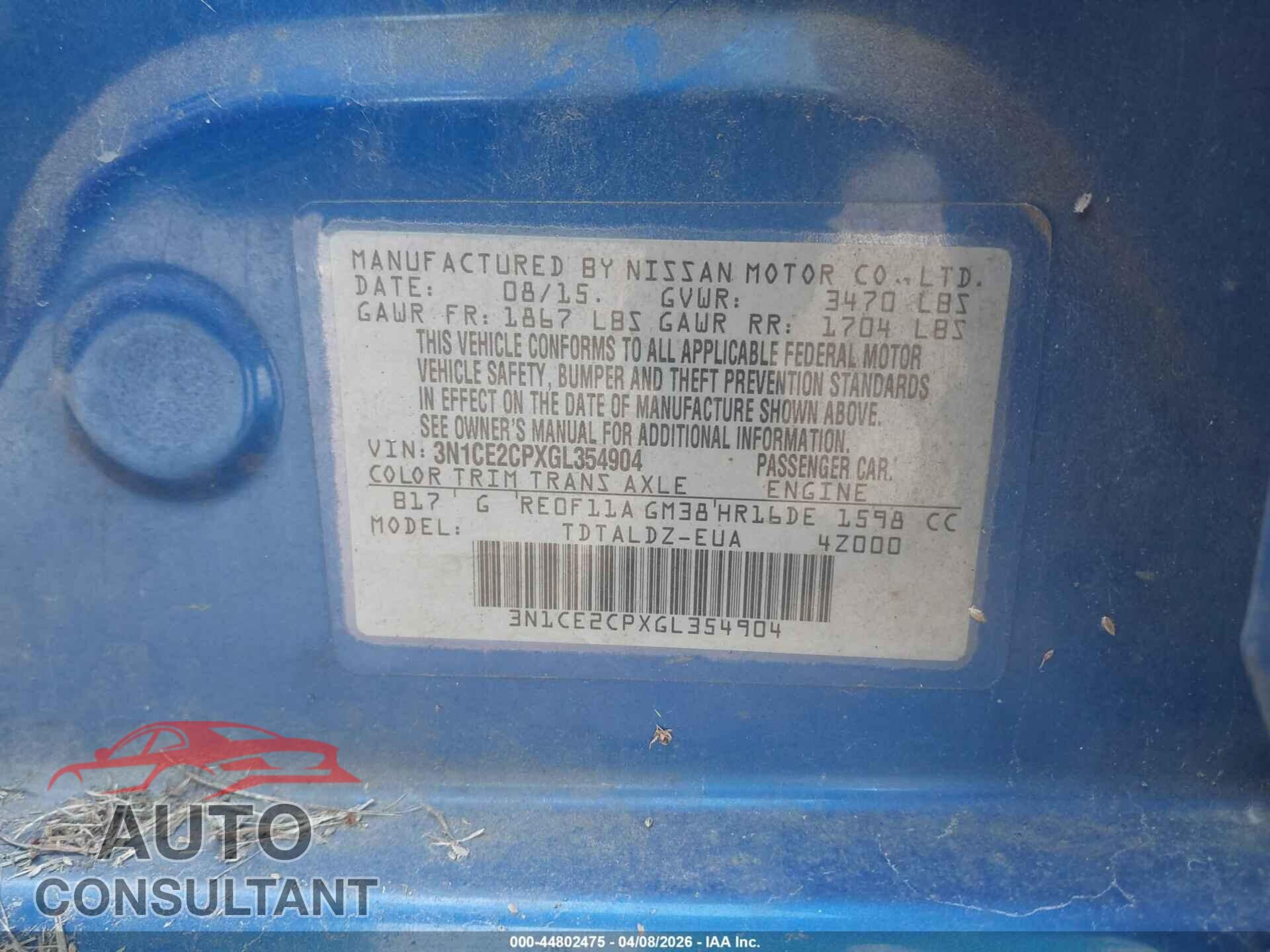 NISSAN VERSA NOTE 2016 - 3N1CE2CPXGL354904