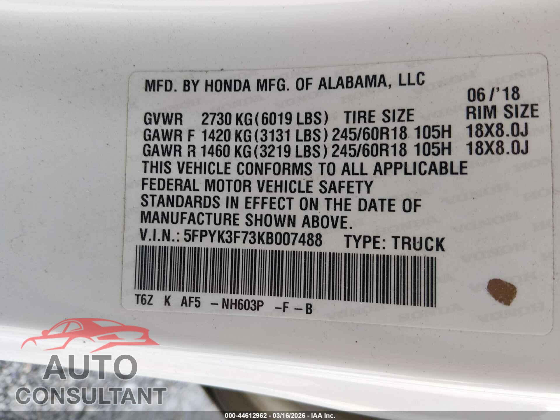 HONDA RIDGELINE 2019 - 5FPYK3F73KB007488