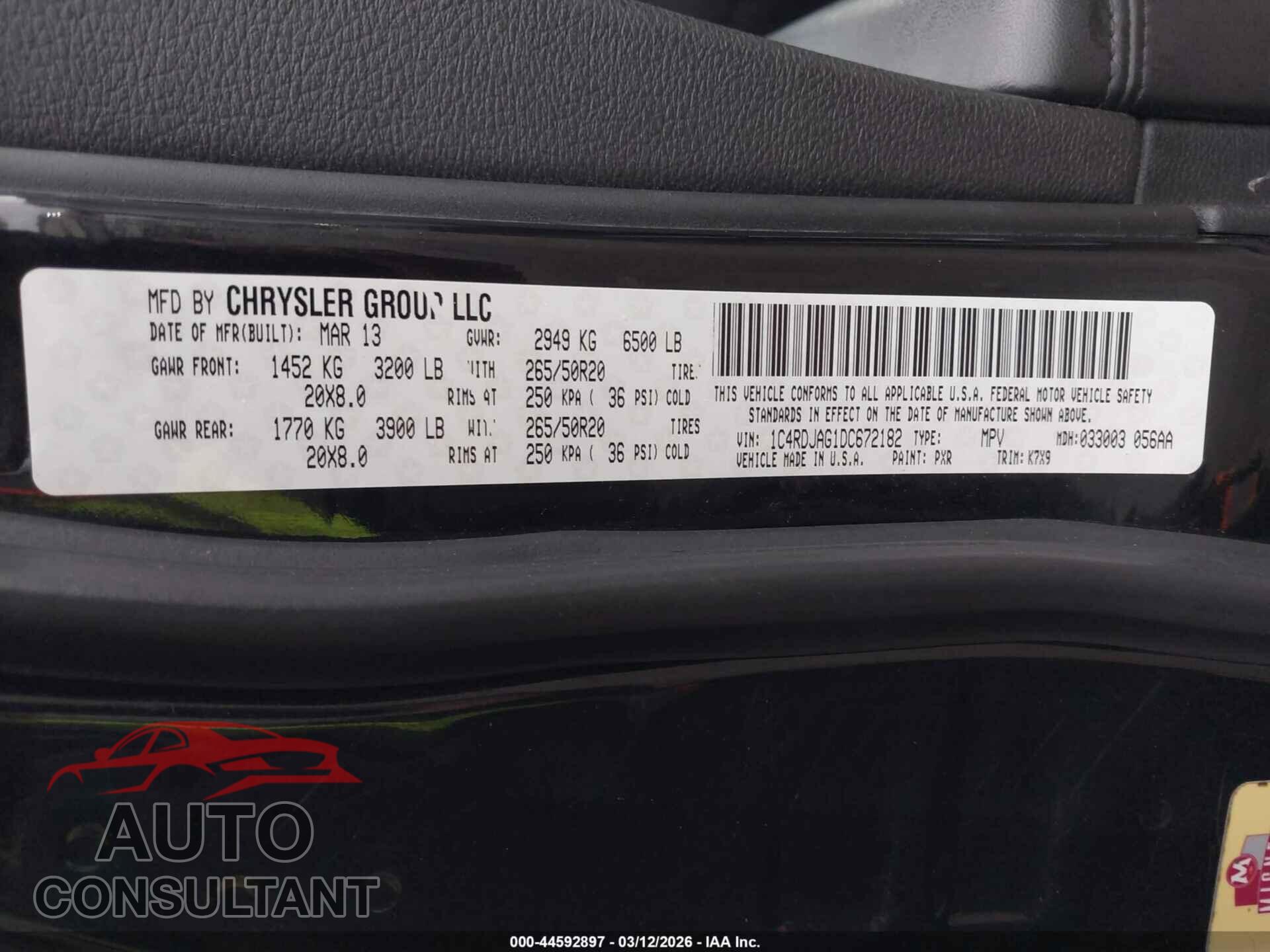 DODGE DURANGO 2013 - 1C4RDJAG1DC672182