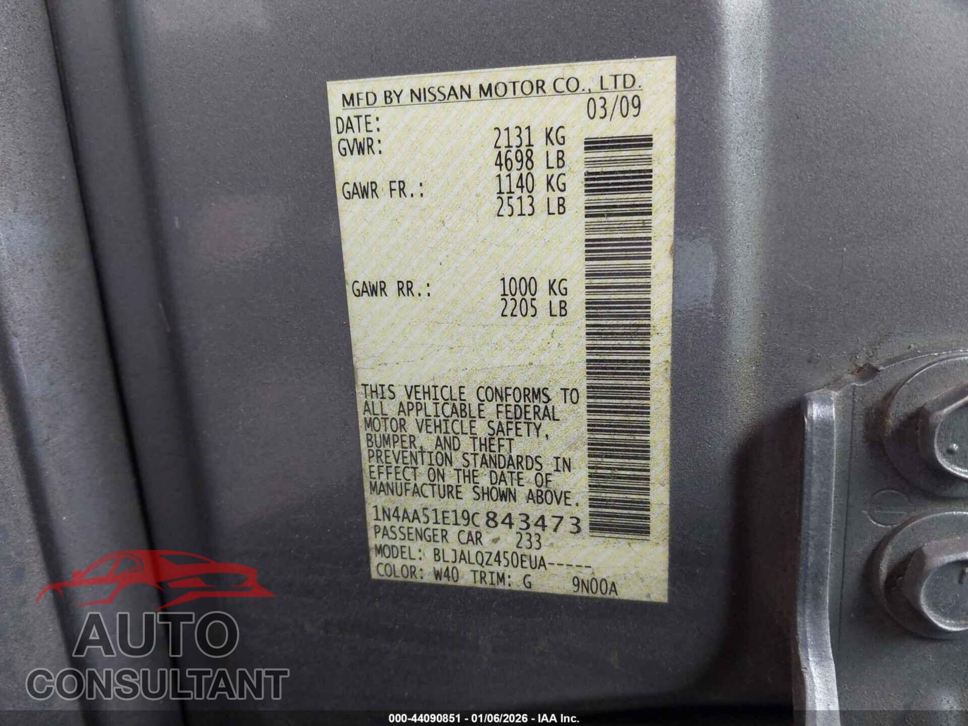 NISSAN MAXIMA 2009 - 1N4AA51E19C843473
