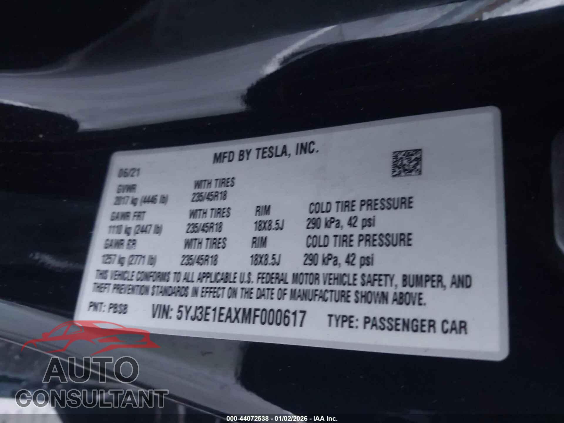TESLA MODEL 3 2021 - 5YJ3E1EAXMF000617