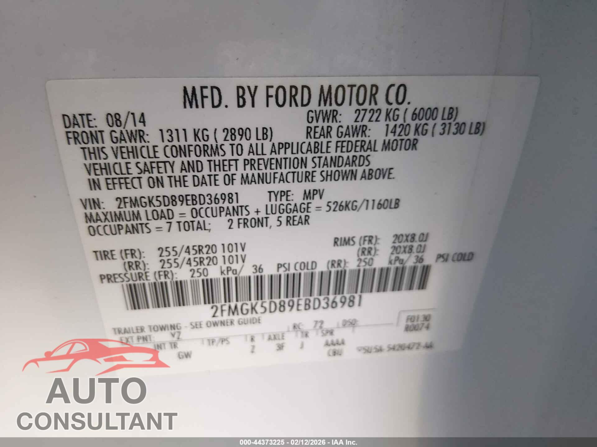 FORD FLEX 2014 - 2FMGK5D89EBD36981